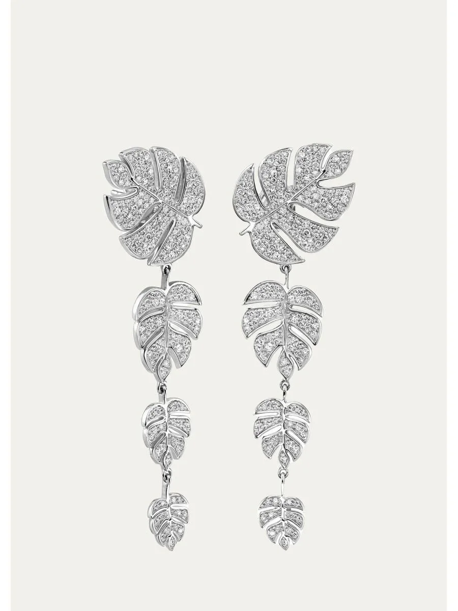 14K White Gold & Diamond Monstera Leaf Drop Earrings - 1