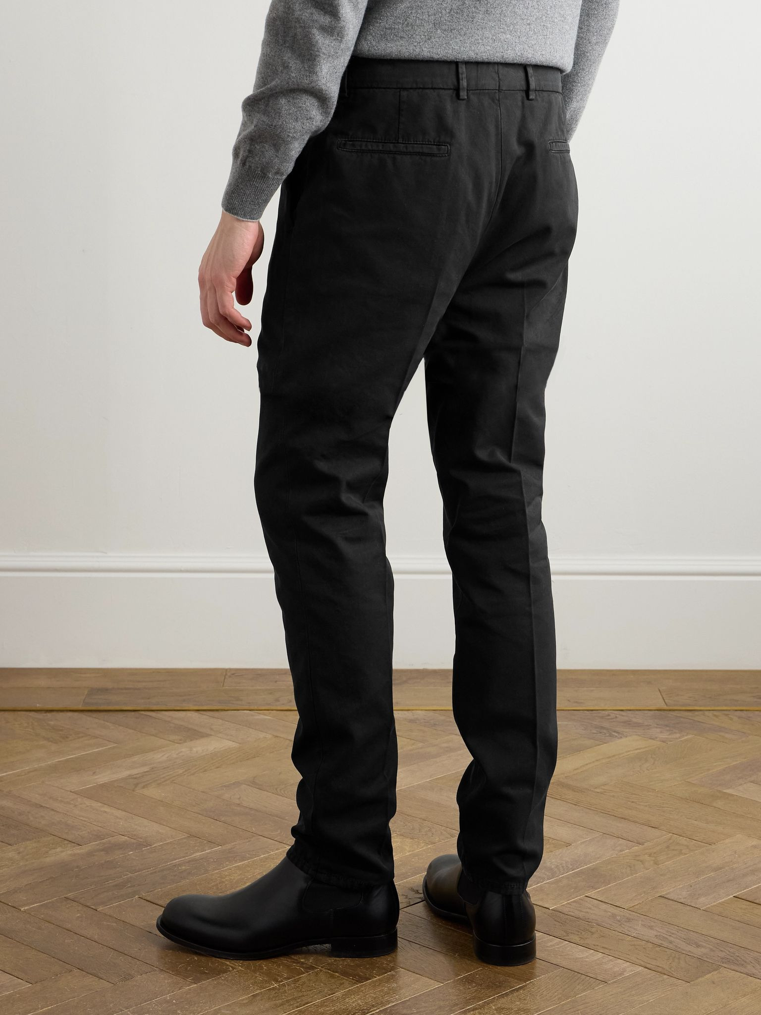 Straight-Leg Pleated Cotton-Twill Trousers Black - 4