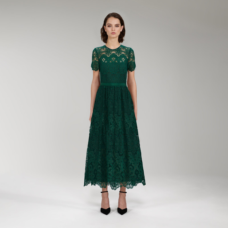 self-portrait Dark Green Floral Guipure Midi Dress - PF22-036A | REVERSIBLE