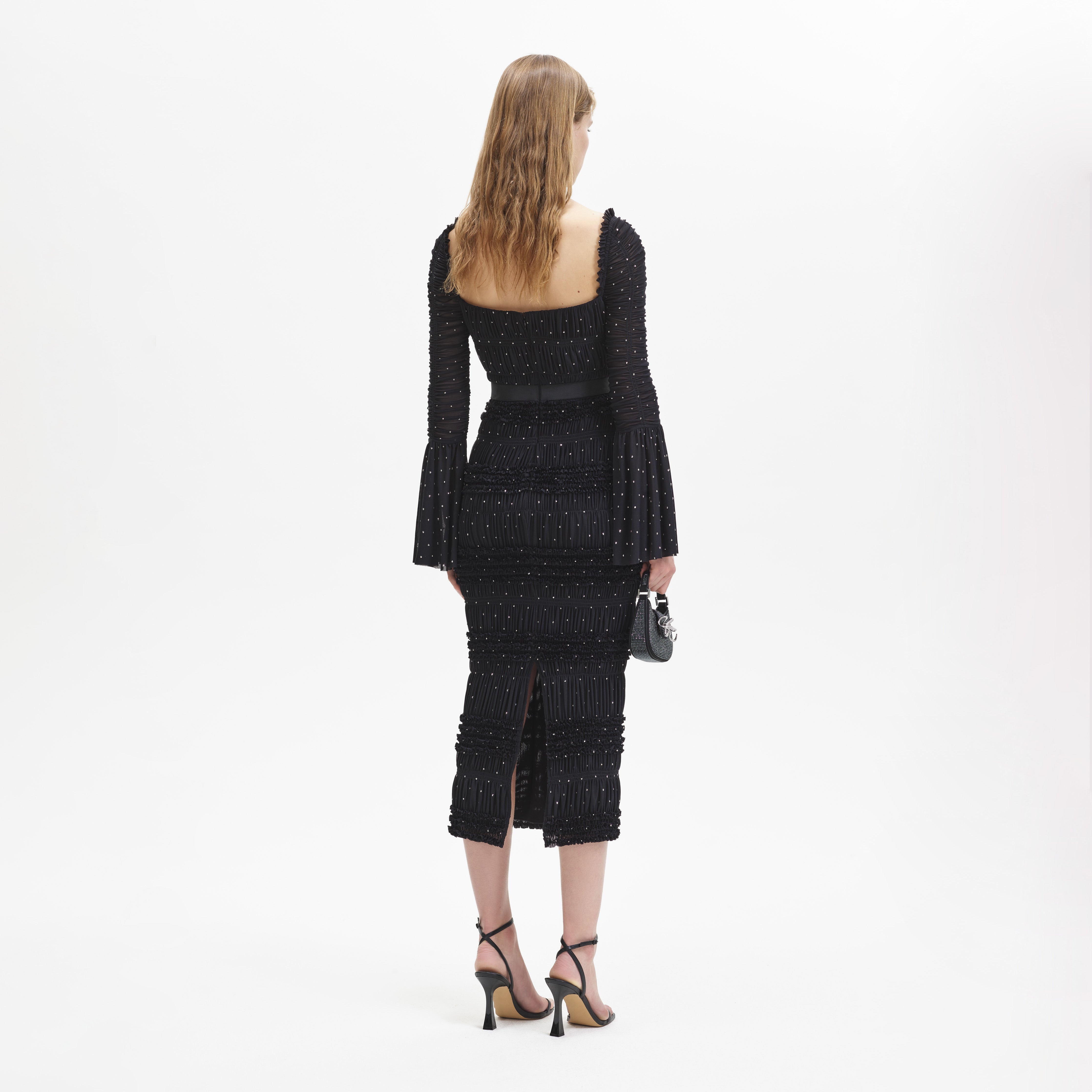 Raye Cut-Out Waist Rhinestone Midi Dress Black