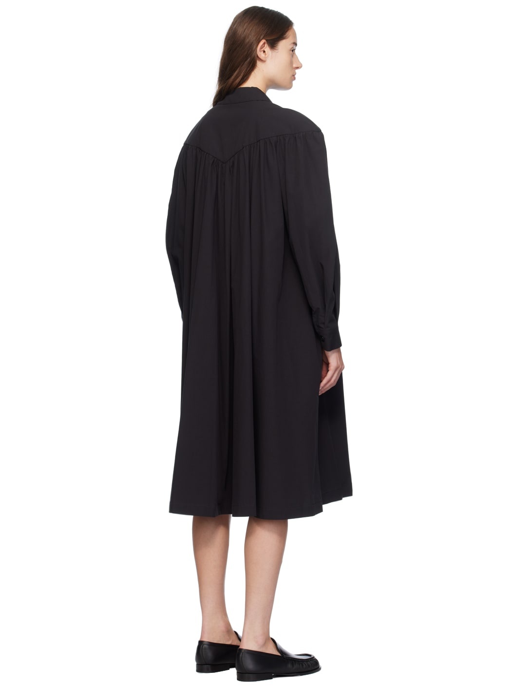 Black V-Line Yoke Shirring Midi Dress - 3