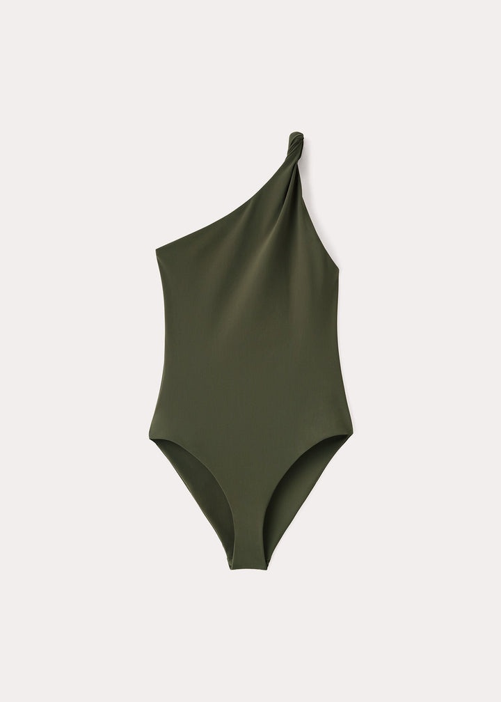 Twist-strap one-shoulder swimsuit faded olive - 1