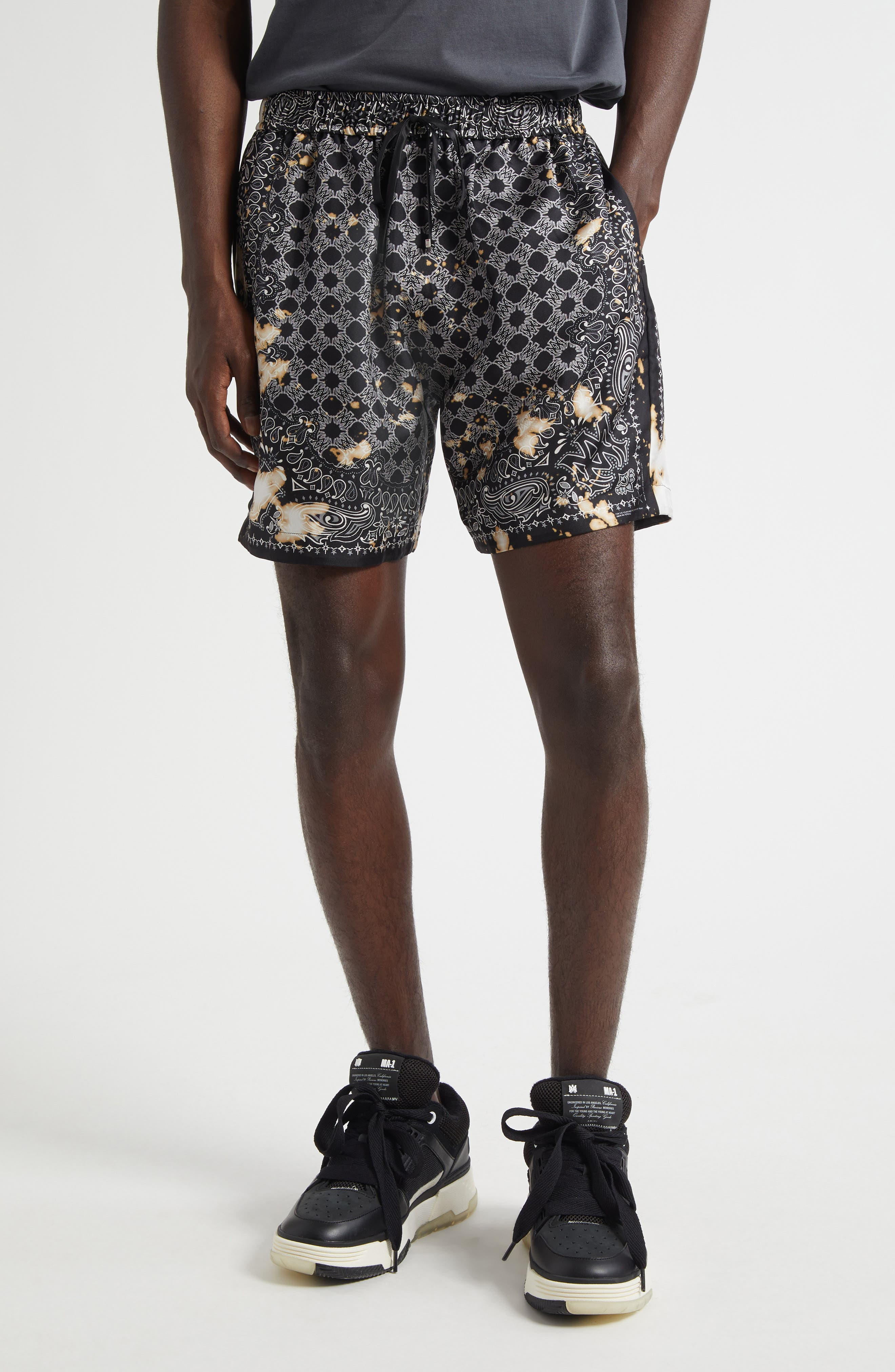 AMIRI Bleach Bandana Silk Drawstring Shorts in Black at Nordstrom - 1