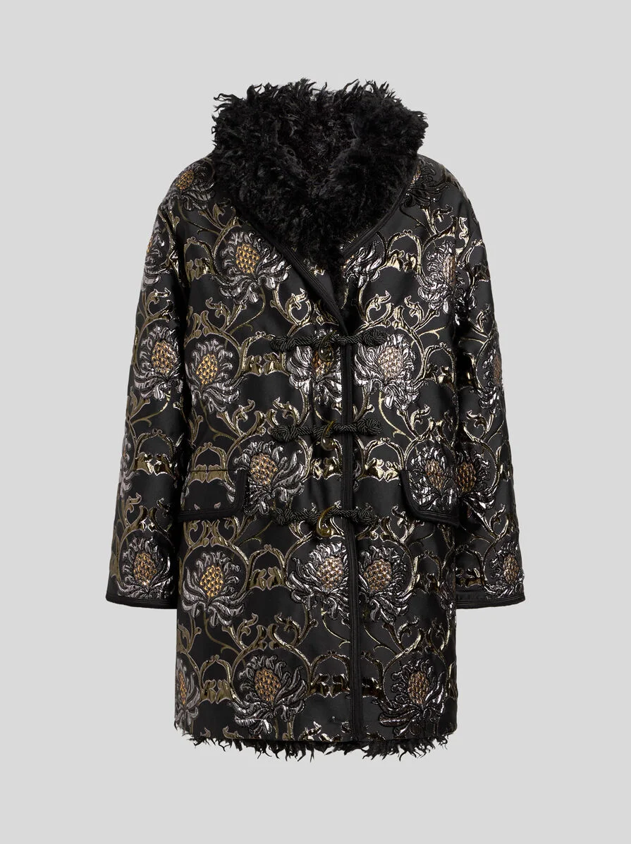 SHORT JACQUARD COAT WITH BELT AND FAUX FUR - 1