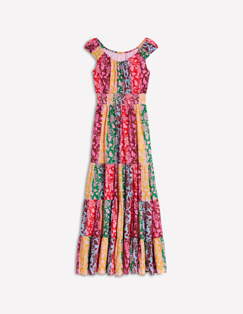 Scoop Cotton Tiered Dress-Multi, Ornate Vine 1