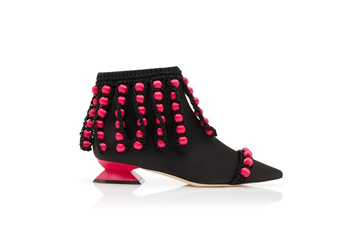 Black and Pink Satin Pom Pom Ankle Boots - 1