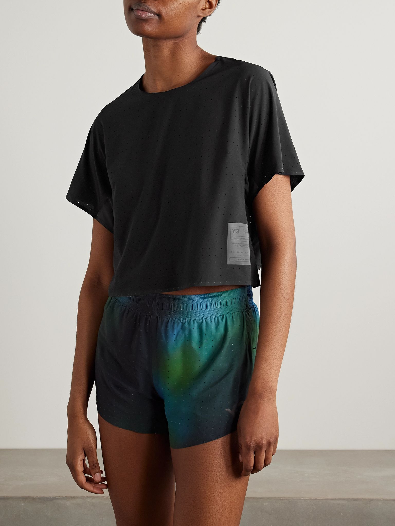 + Y-3 cropped appliquéd recycled-mesh T-shirt Black - 3