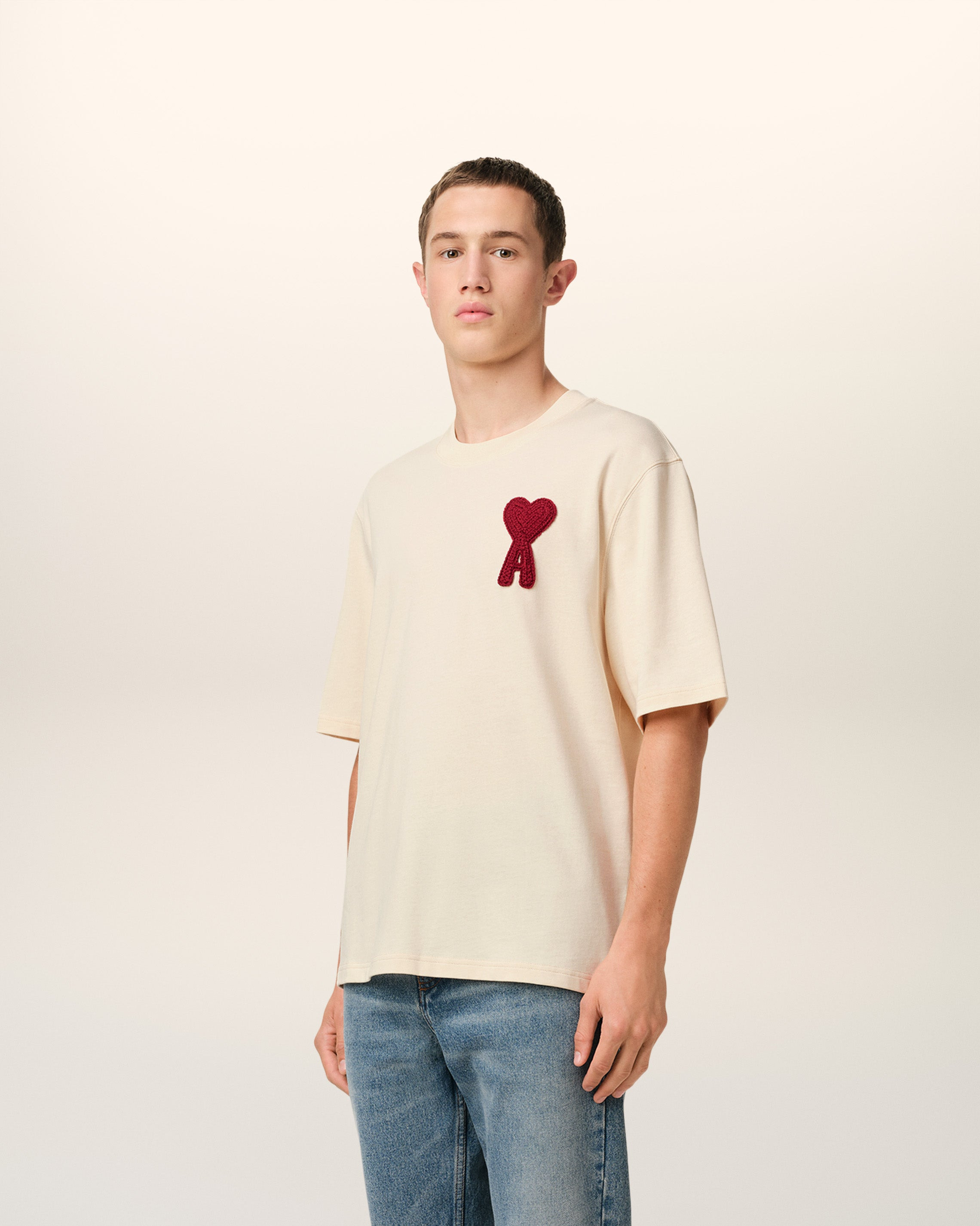 BEIGE COTTON AMI DE COEUR PATCH T-SHIRT - 6