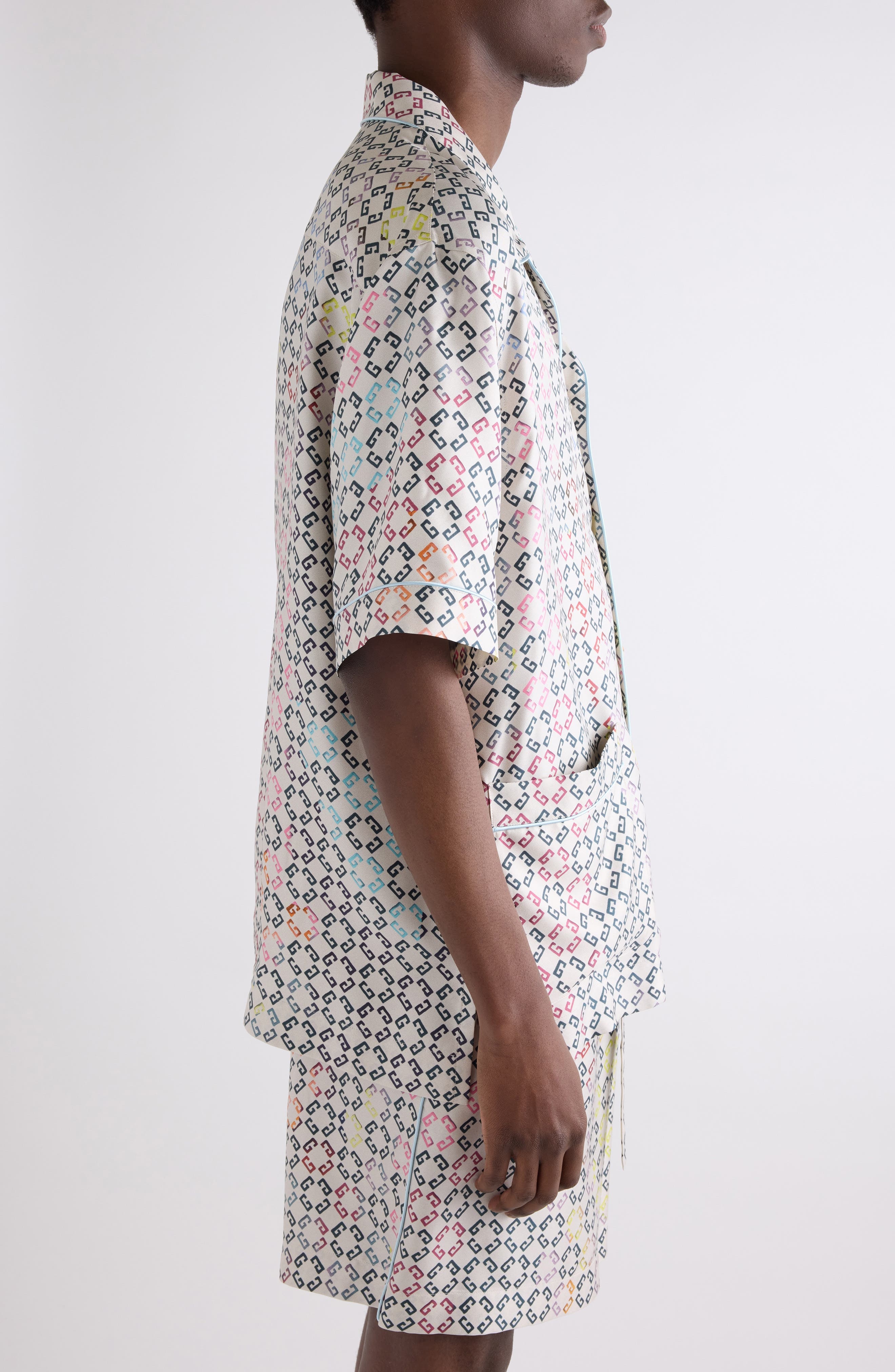Givenchy Monogram 72 Print Short Sleeve Silk Pajama Shirt in White Multicolored at Nordstrom - 4