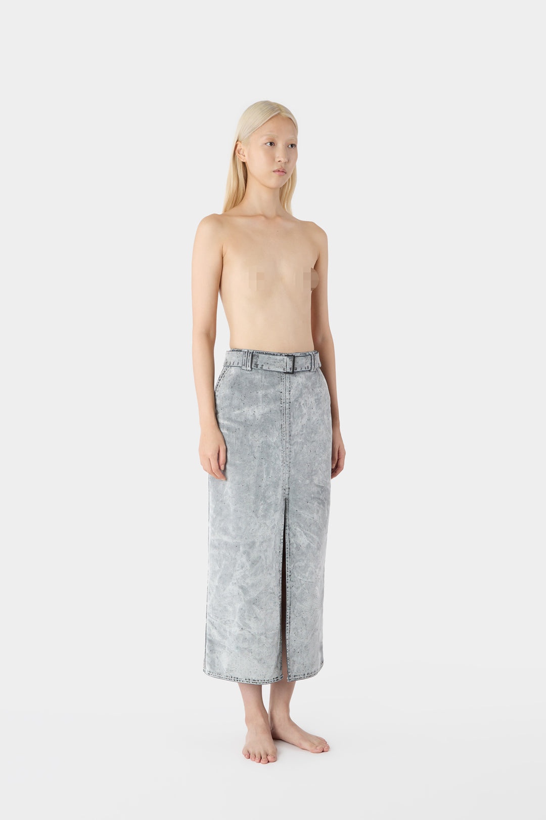 BELTED LONG SPLIT SKIRT / flocked denim / grey - 3