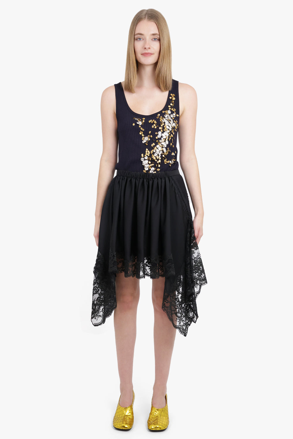 LACE DETAIL ASYMMETRIC MINI X MIDI SKIRT | BLACK - 4