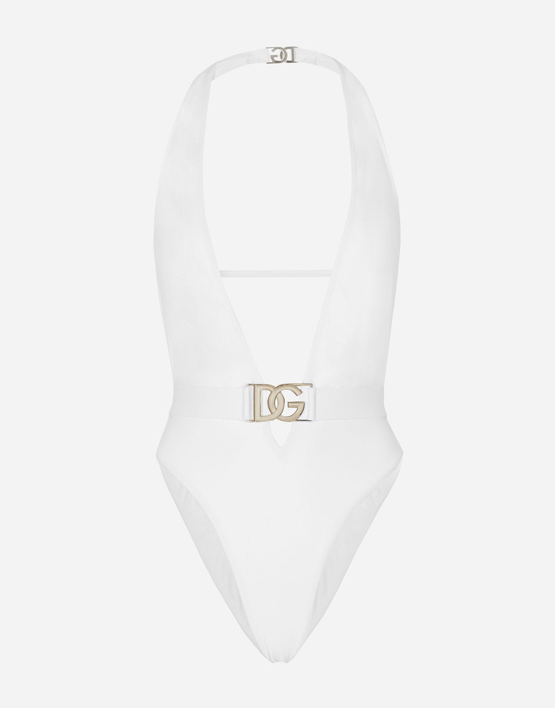 One-piece swimsuit with plunging neck and belt - 1