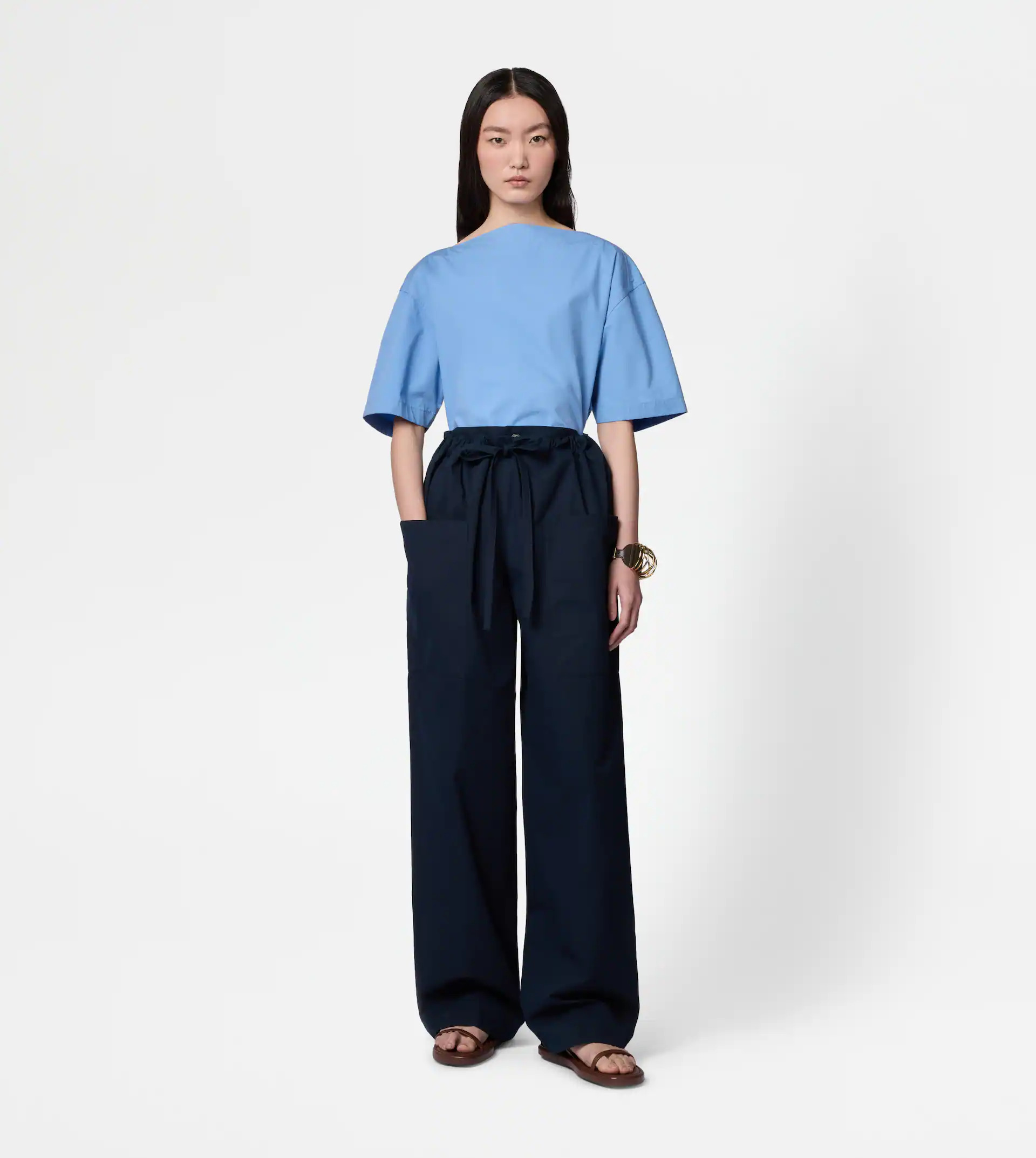 PANTS IN POPLIN WITH DRAWSTRING - BLUE - 2