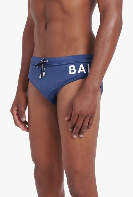 Navy blue swim briefs with embroidered Balmain logo - 5