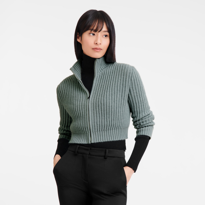 Longchamp Zip collar short cardigan Celadon - Knit outlook