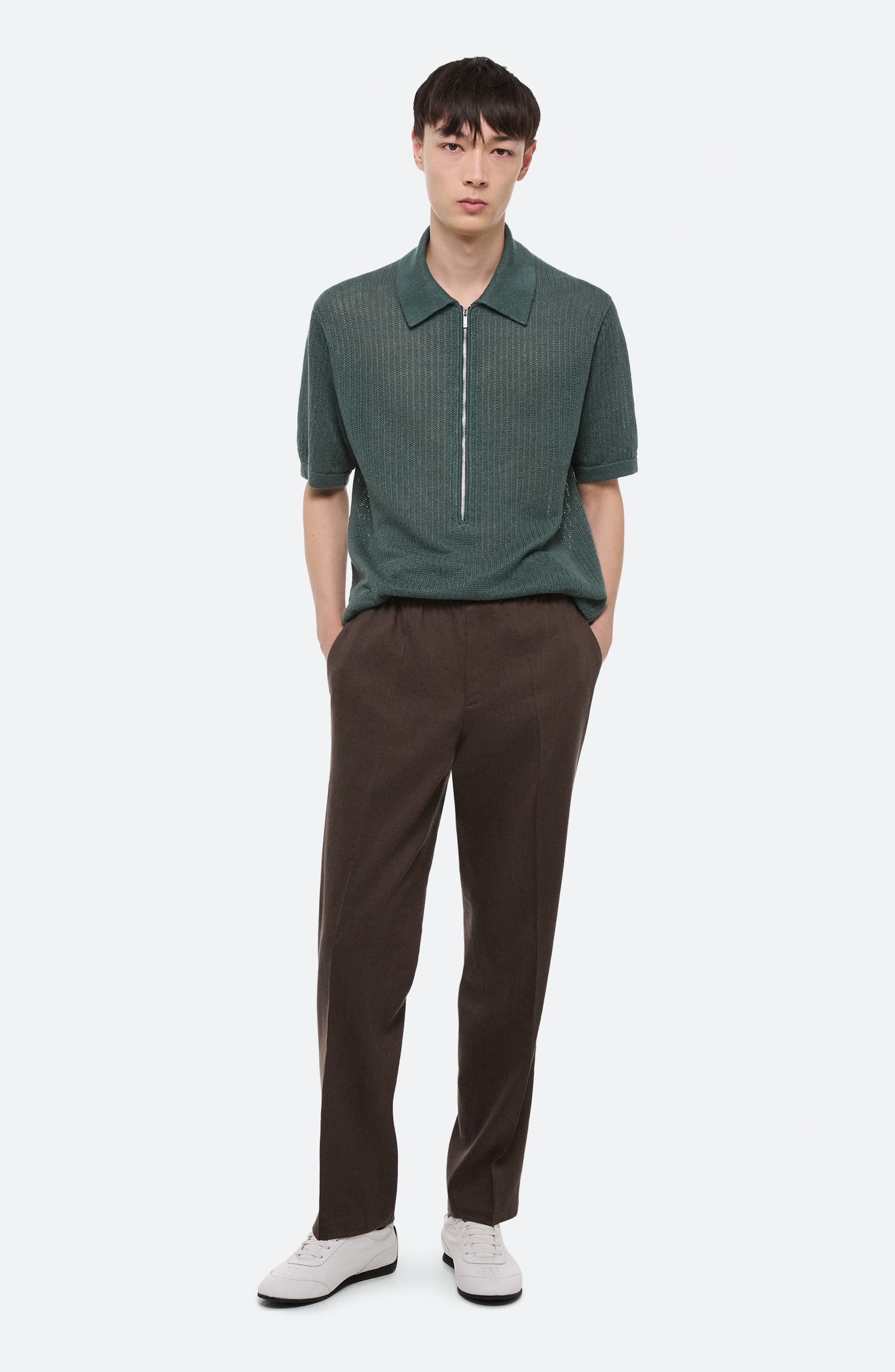 Helmut Lang Linen Zip Polo in Blue Green - 7