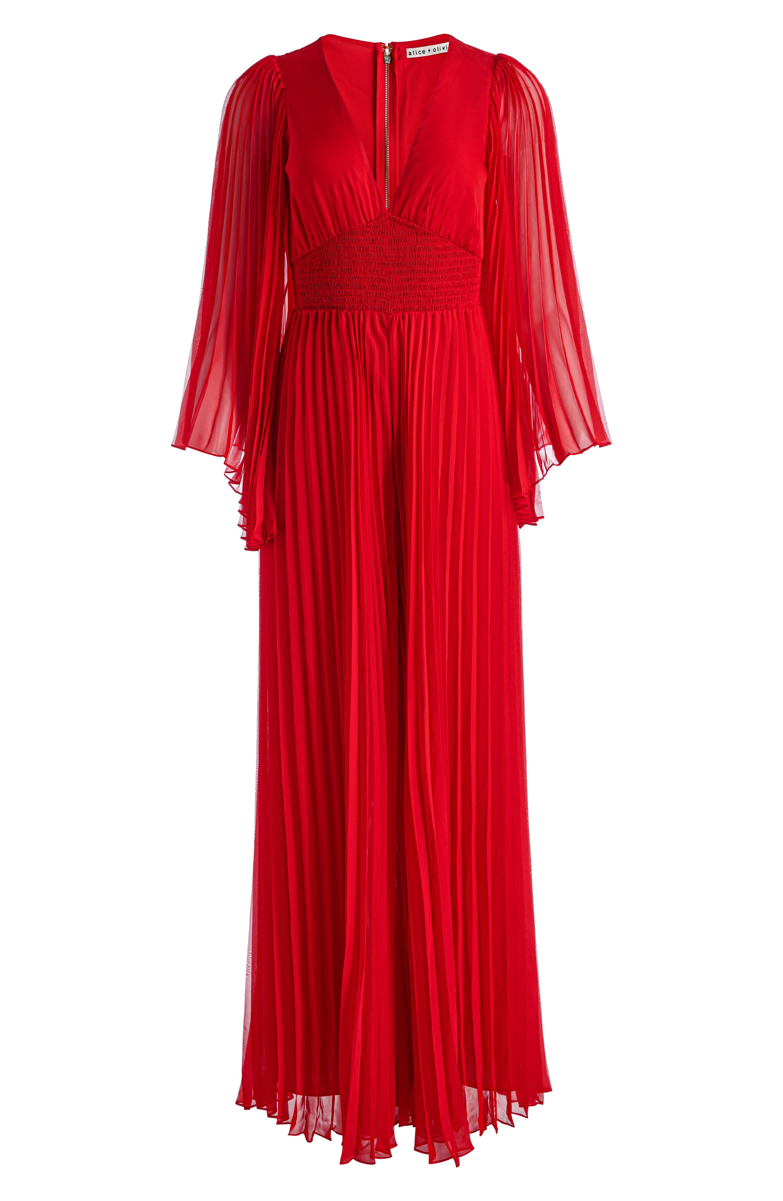 Alice + Olivia Bennet Smocked Pleated Wide Leg Jumpsuit in Bright Ruby at Nordstrom - 5