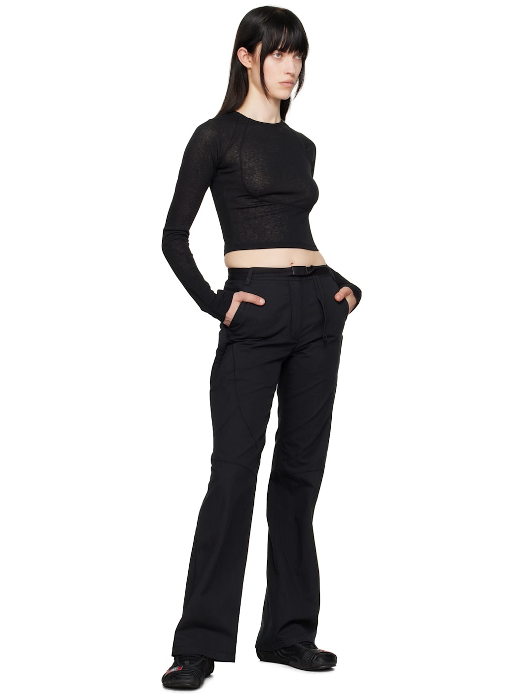 Black Low-Rise Belted Trousers - 4