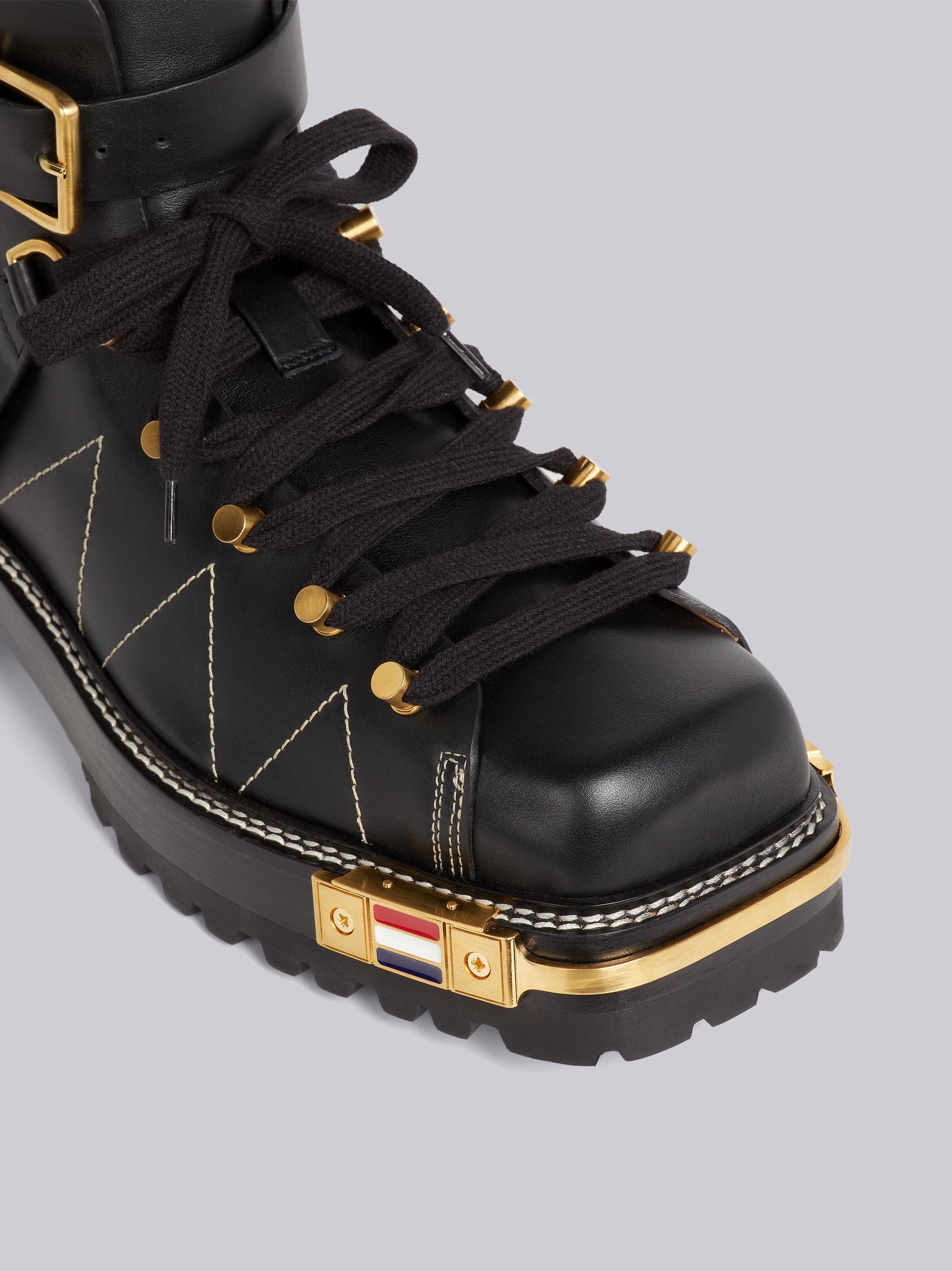 Black Vitello Calf Leather Brass Toe Stacked Sole Square Toe Hiking Boot - 2