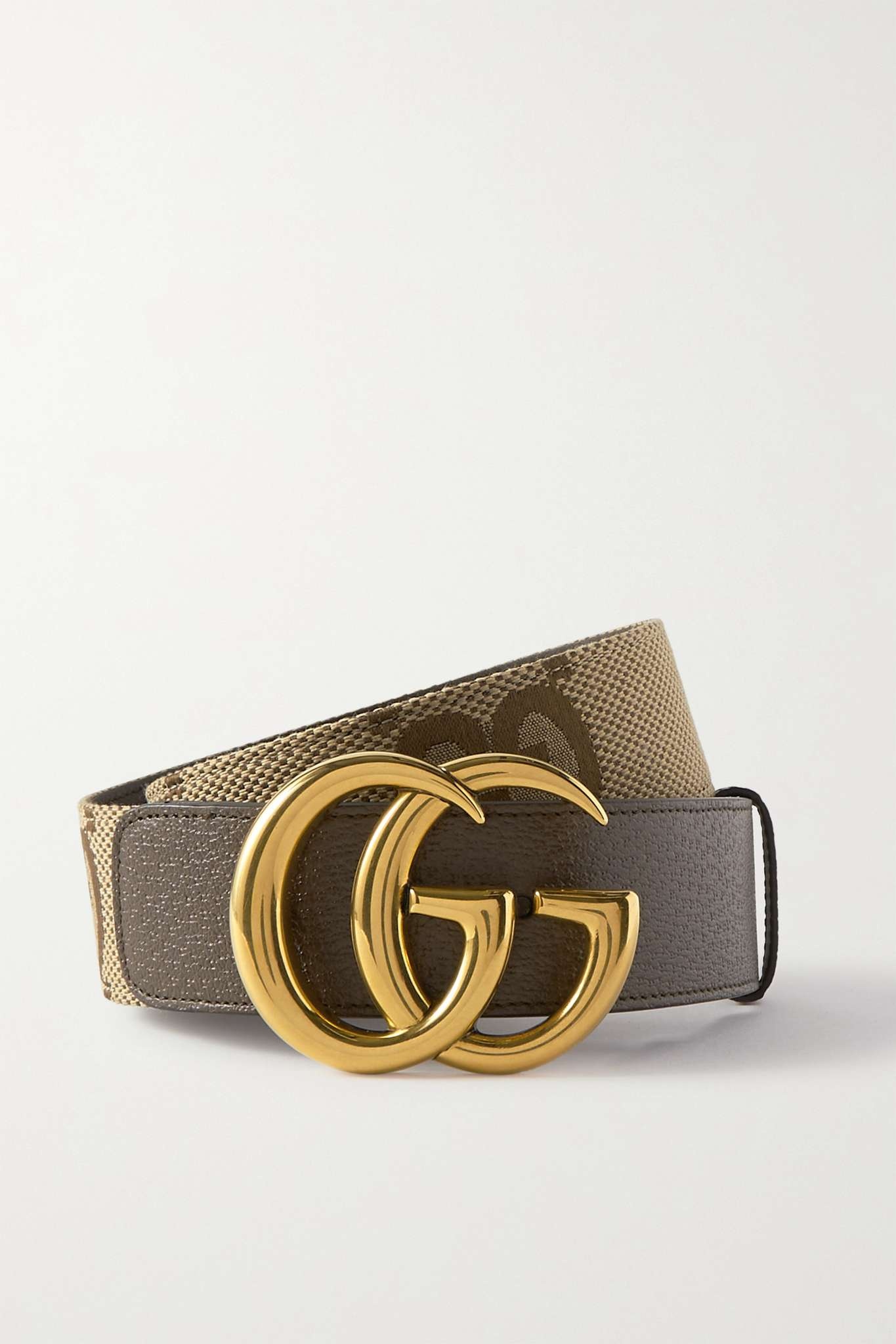 Leather-trimmed canvas-jacquard belt - 1