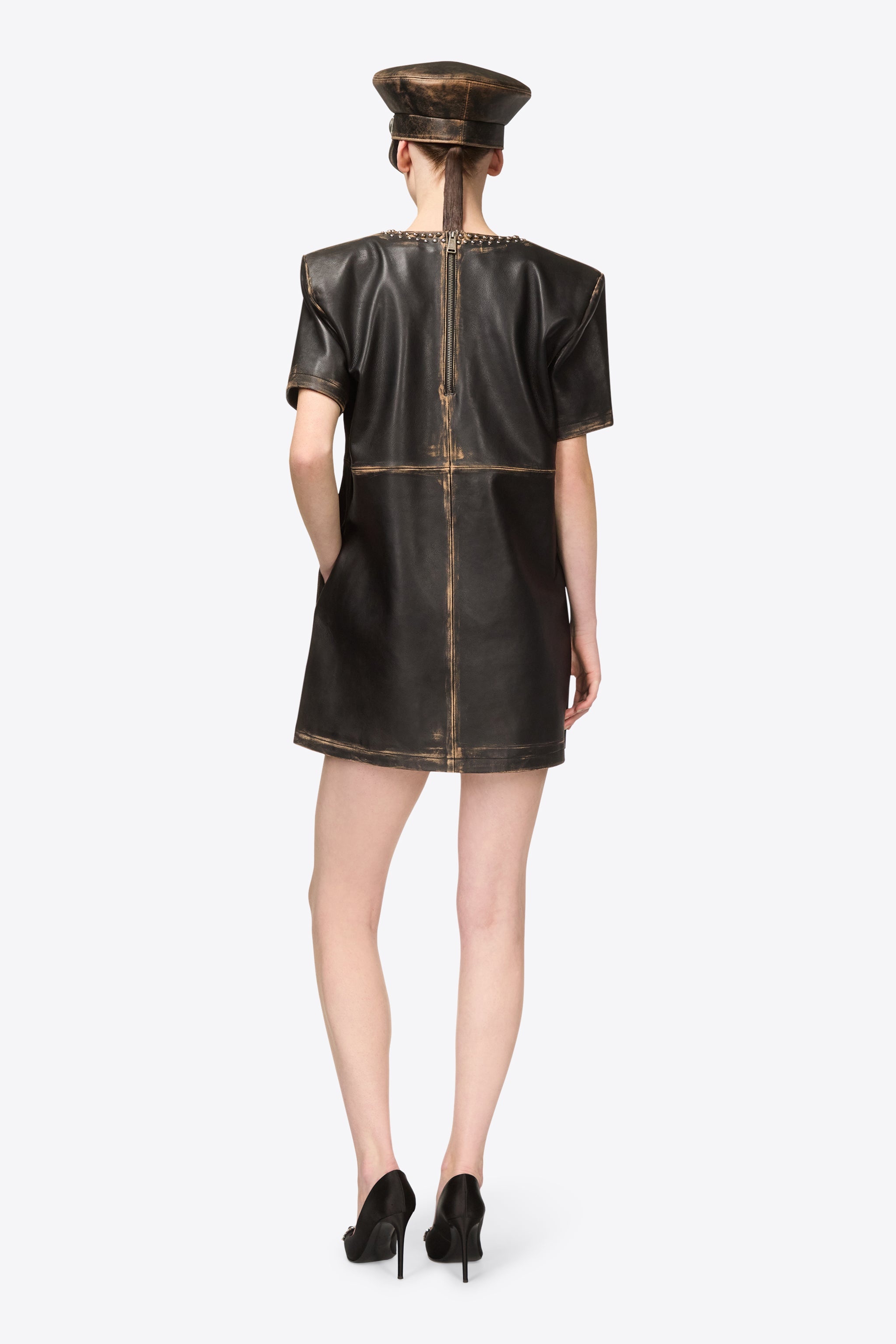STUDDED LEATHER V-NECK T-SHIRT DRESS - 6