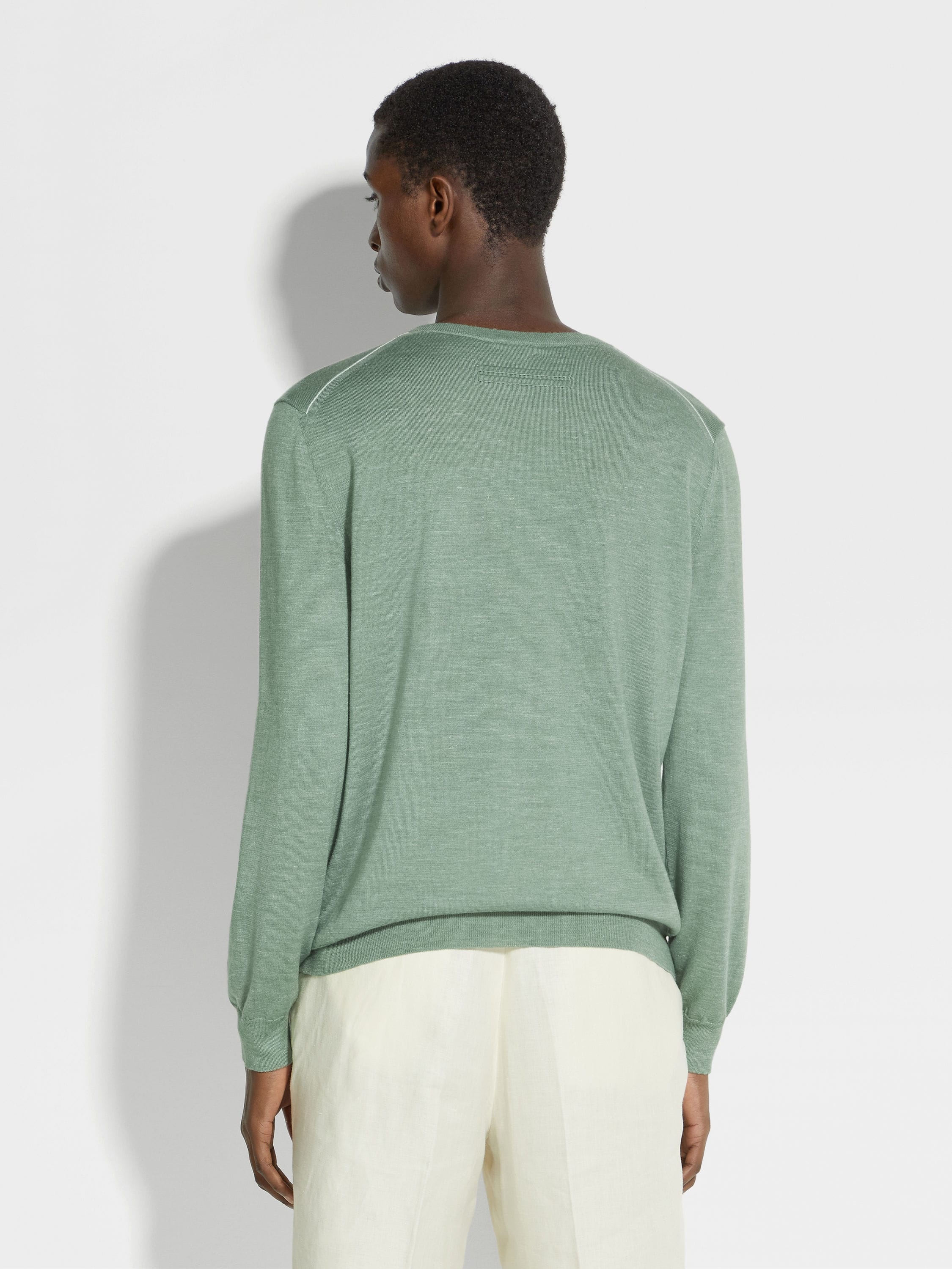 SAGE GREEN MÉLANGE SILK CASHMERE AND LINEN CREWNECK - 5