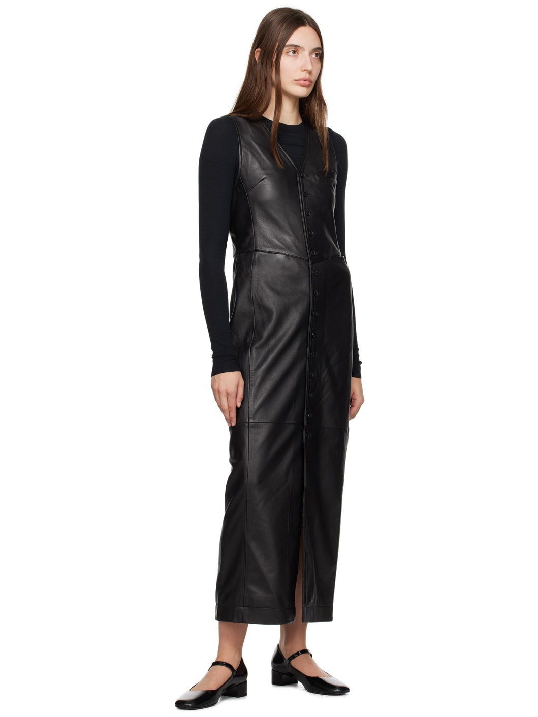 Black Vest Leather Midi Dress - 4