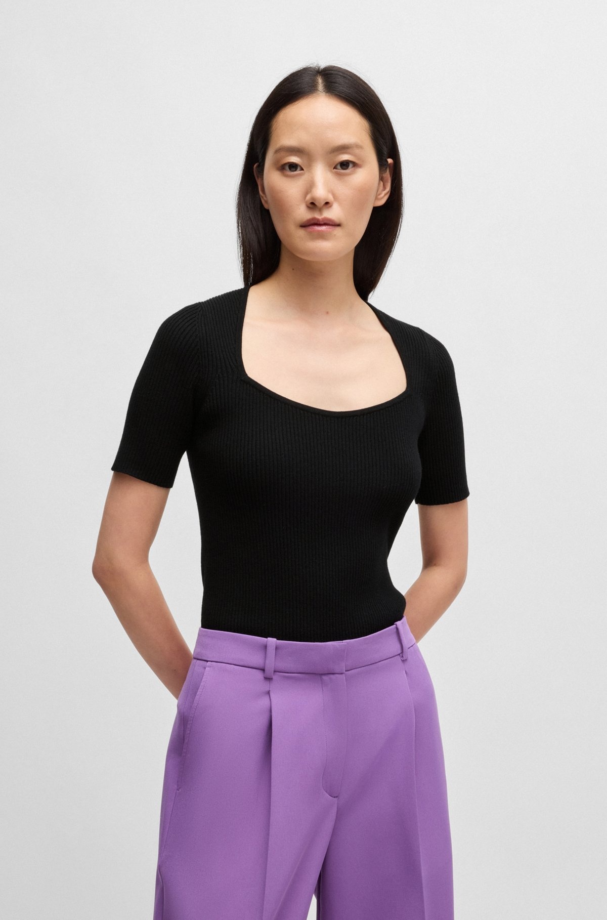 SQUARE-NECK SHORT-SLEEVED SWEATER IN RIBBED STRETCH FABRIC - 2