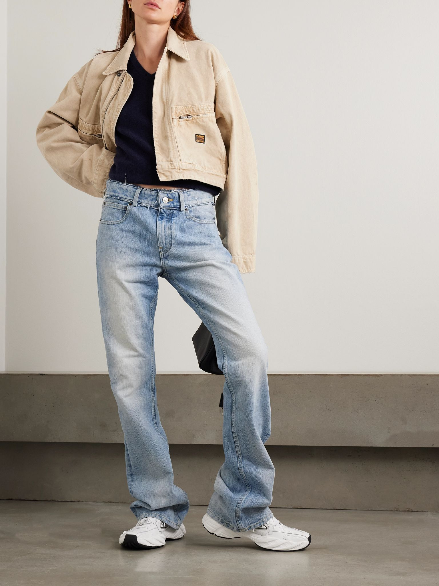 Cropped distressed appliquéd denim jacket Beige - 2