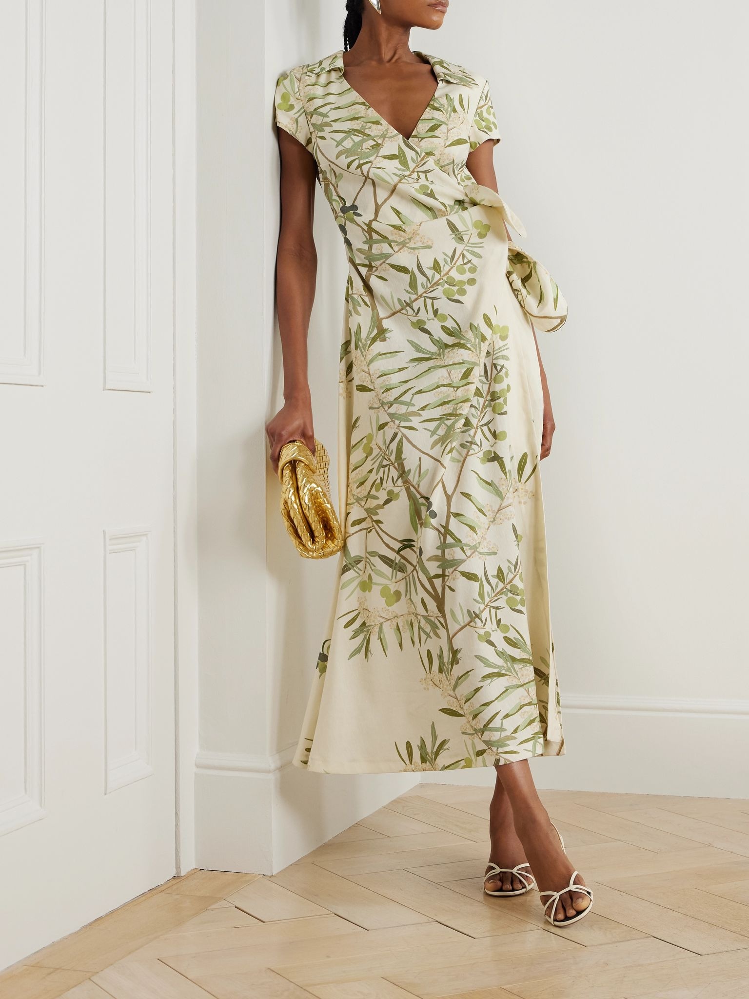 Mara printed linen-blend midi wrap dress Cream - 2