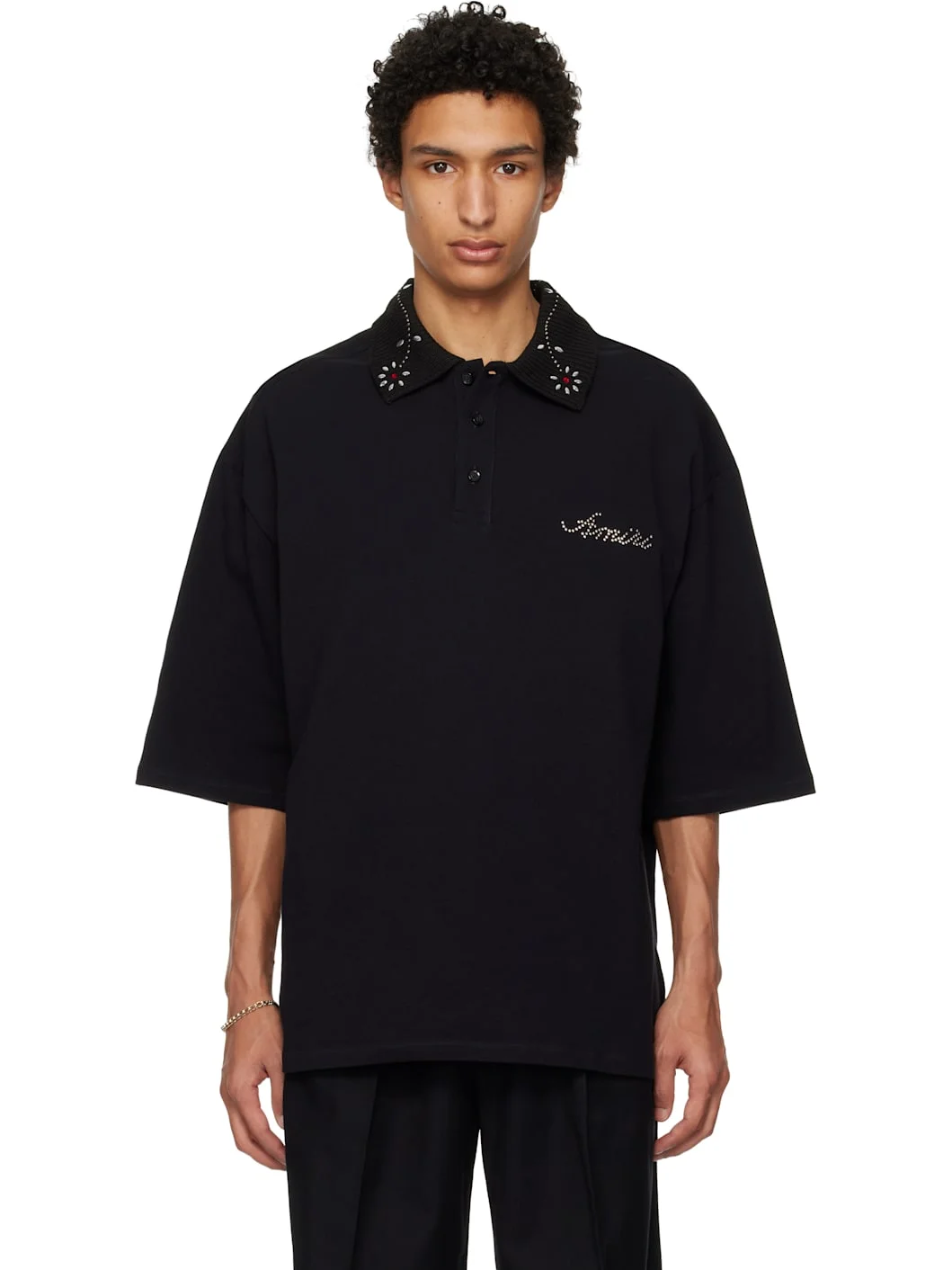 Black Stud Collar Oversized Polo - 1