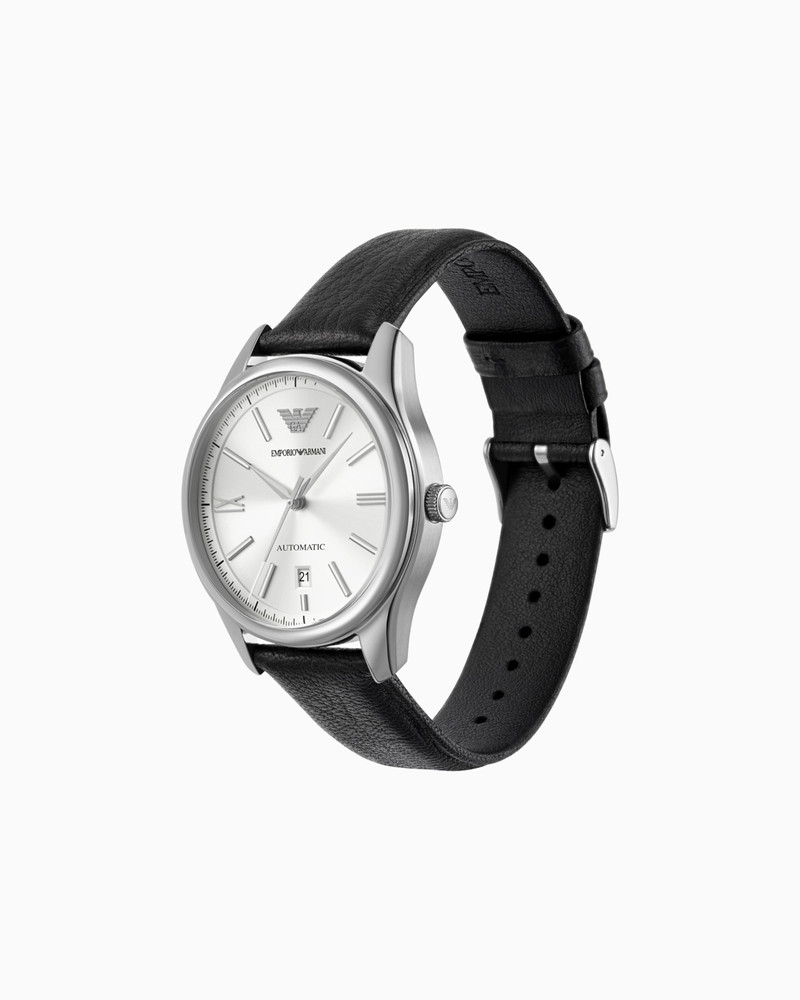 EMPORIO ARMANI AUTOMATIC THREE-HAND DATE BLACK LEATHER WATCH outlook