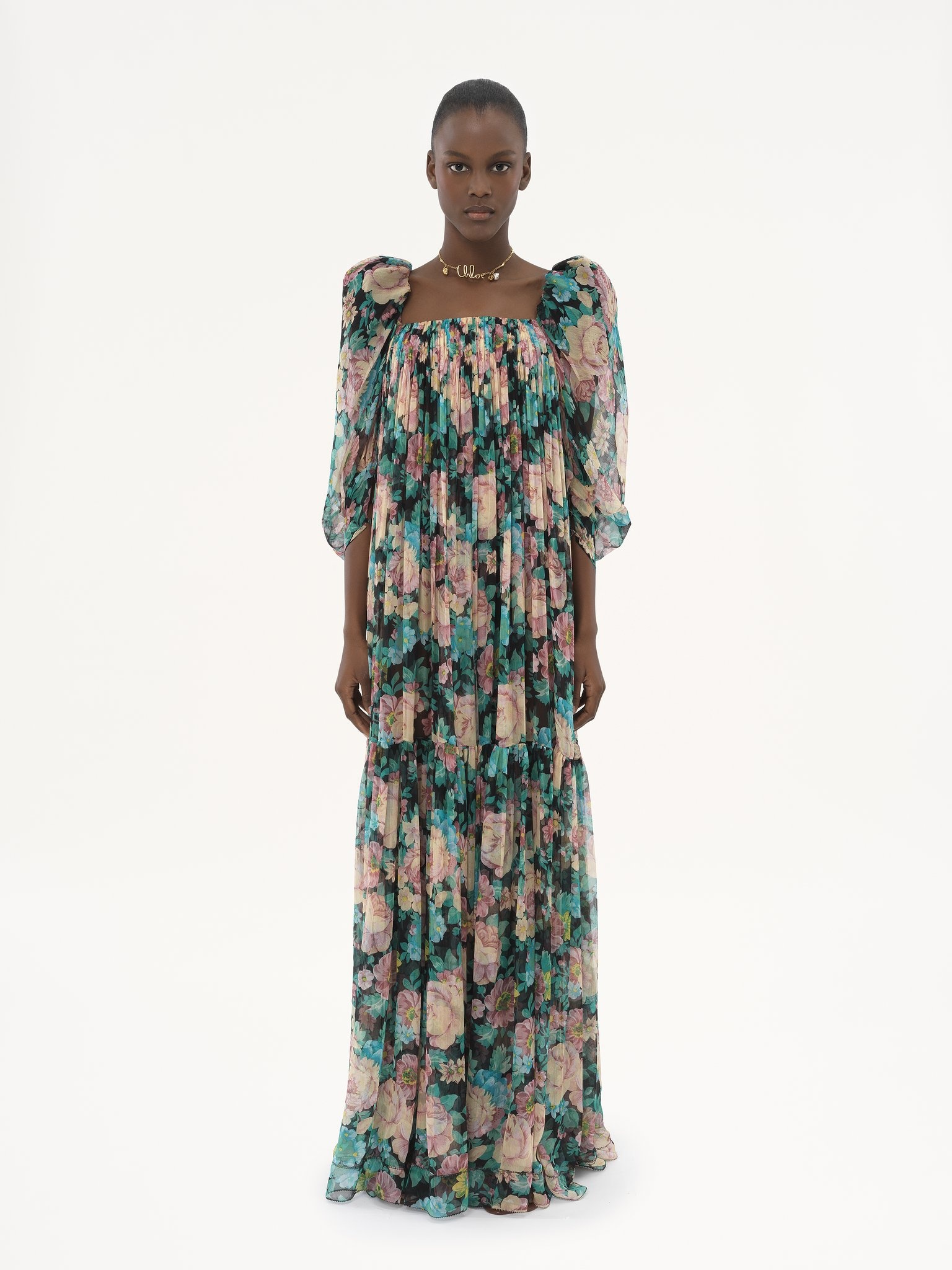 PUFF-SLEEVE LONG DRESS IN SILK MOUSSELINE - 3