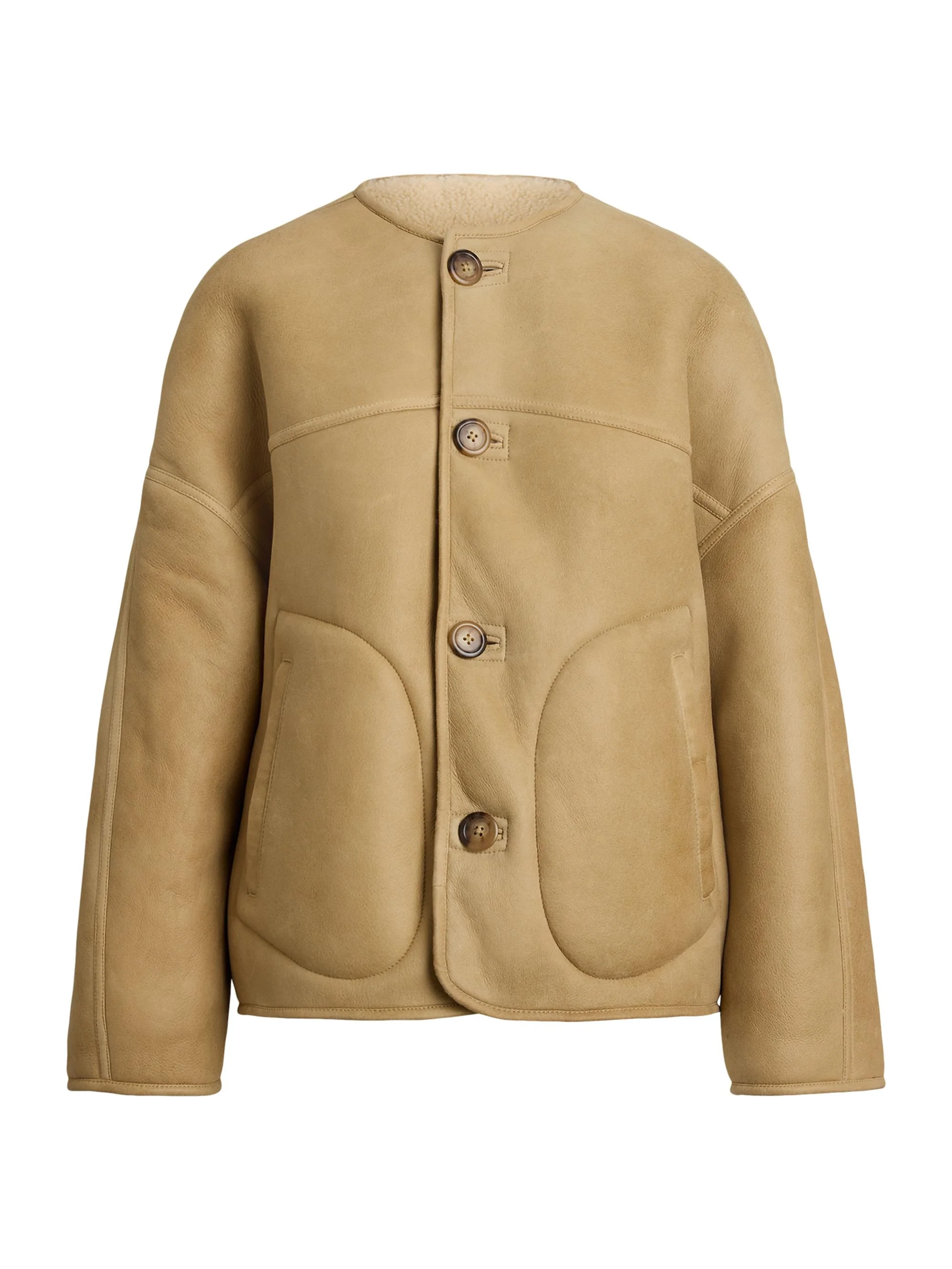 Women's Leather & Shearling Button-Front Jacket - Taupe Cream - 1