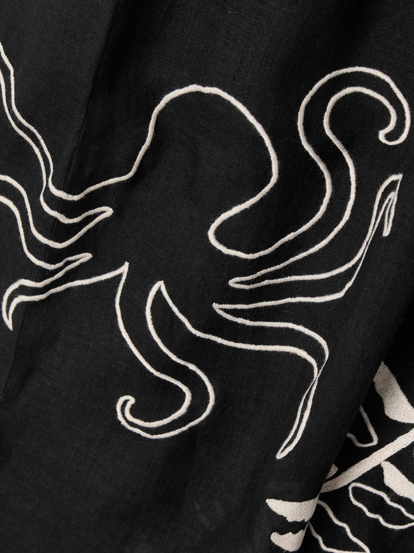 Mermaid Octopus embroidered linen wide-leg pants Black - 5