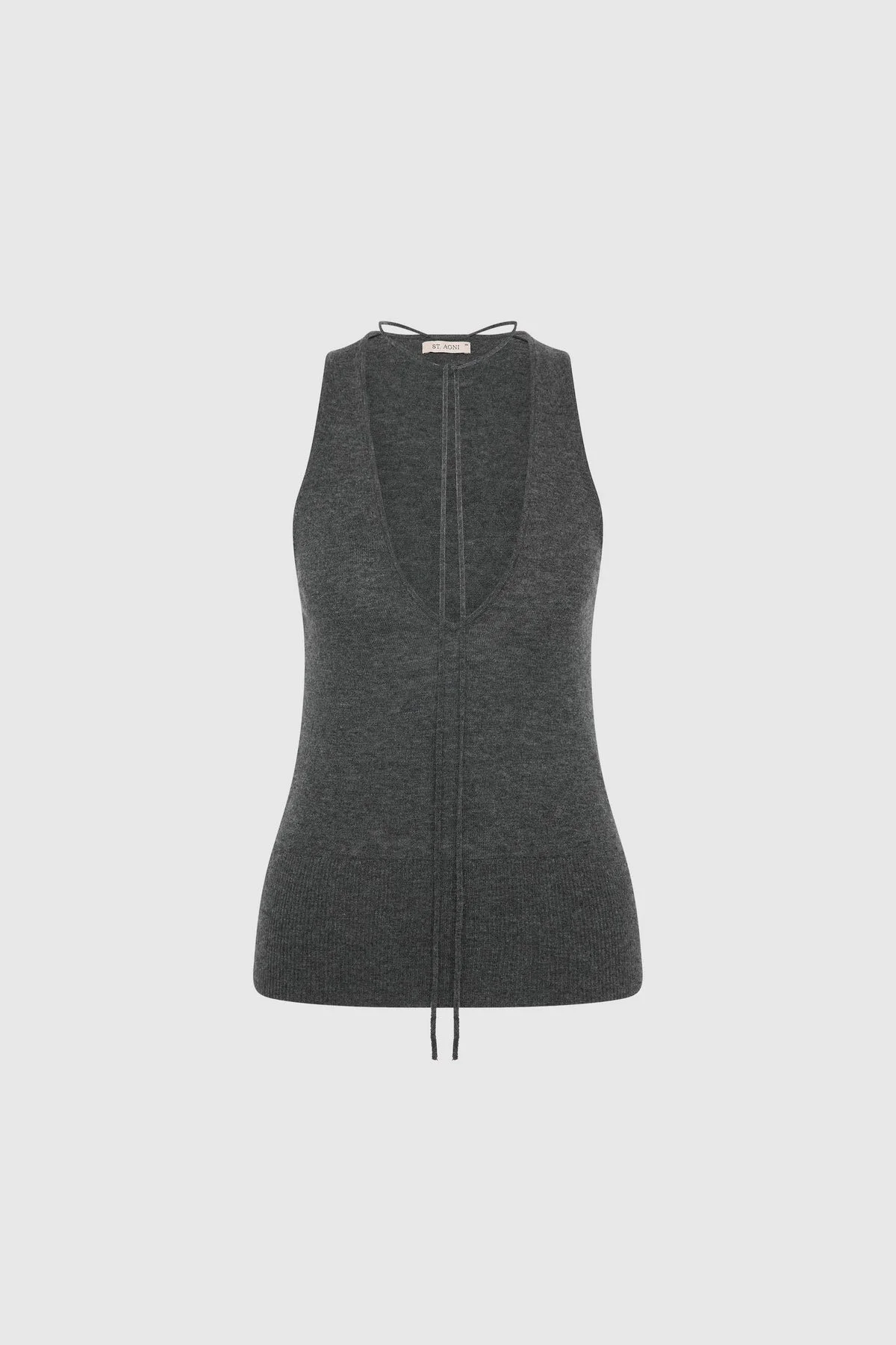 Plunge Rouleau Knit Tie Top - Iron Melange - 1