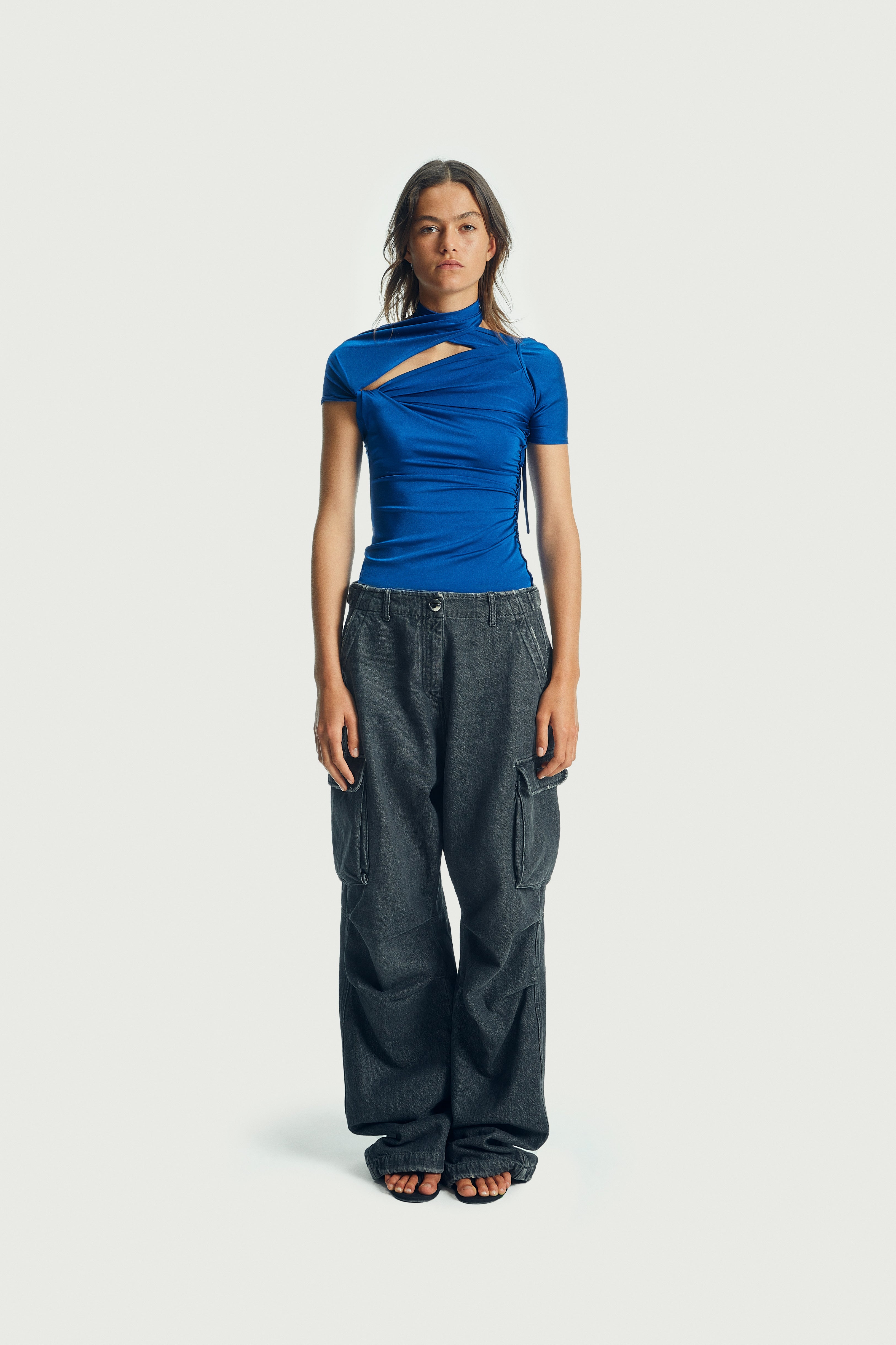 Denim Wide Leg Cargo Pants - 1