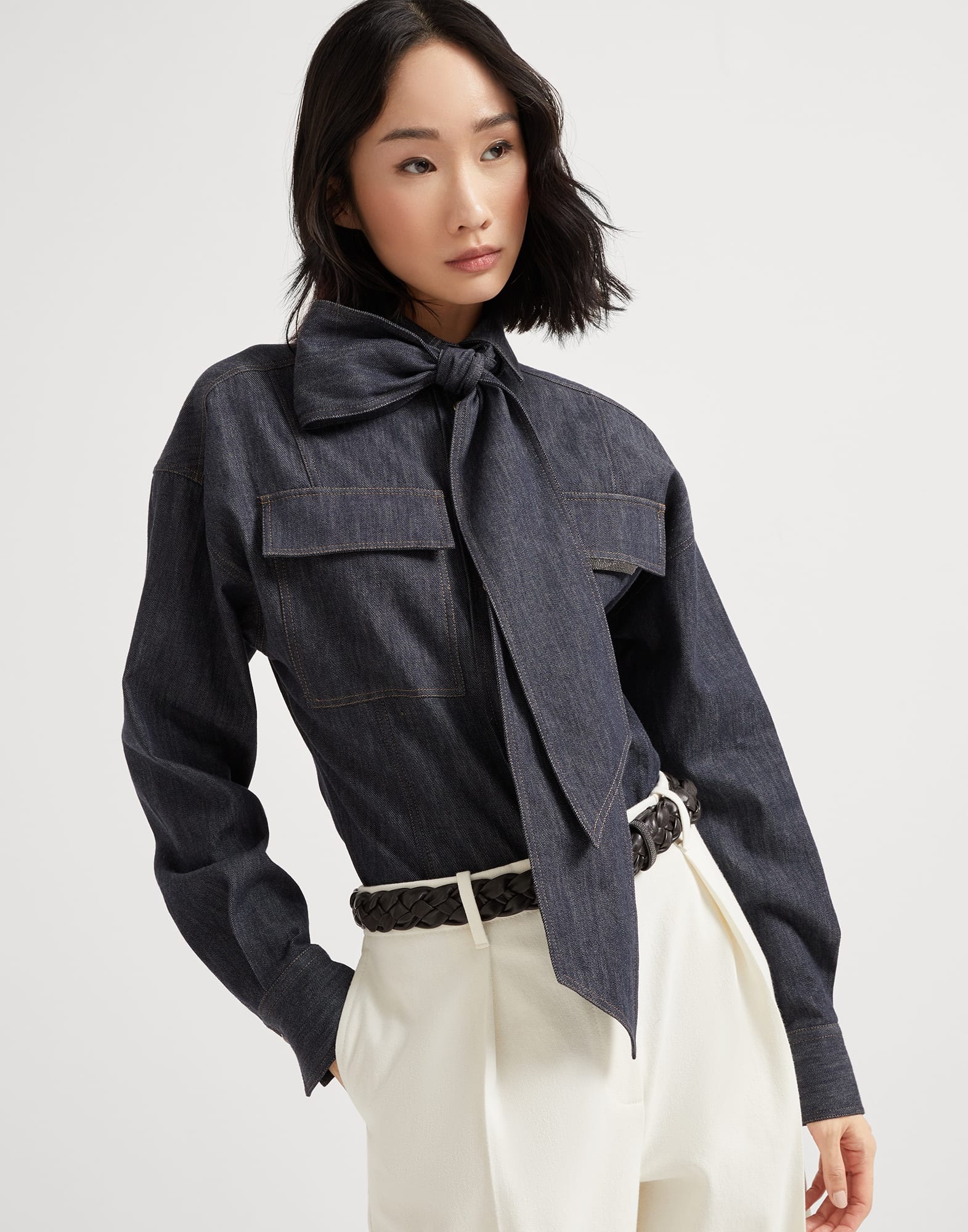 Lightweight no-fade denim pussybow shirt with shiny flap detail - 4