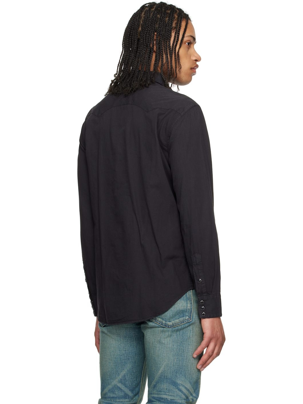 Black Slim Fit Twill Western Shirt - 3