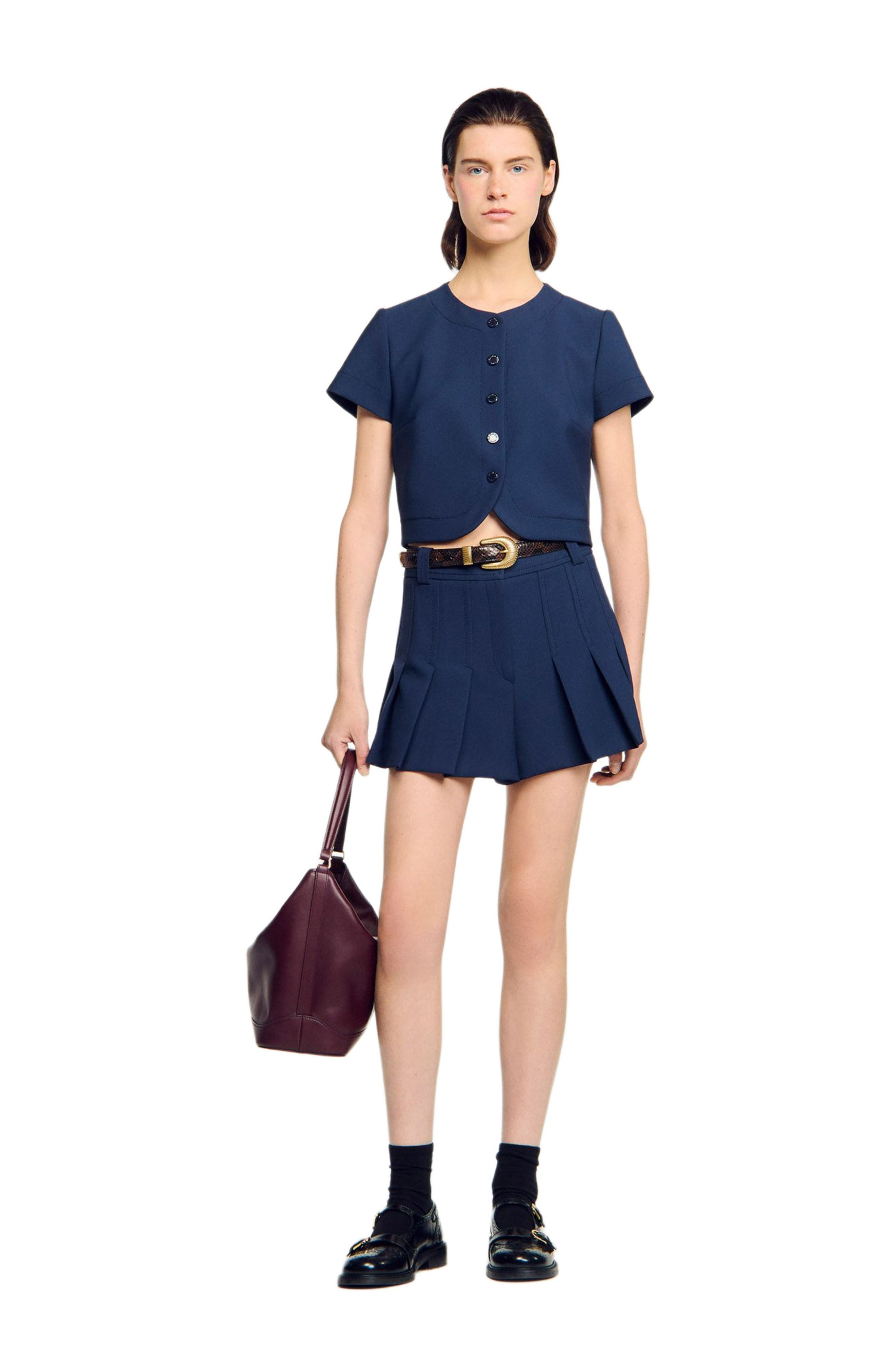 SANDRO Rounded hem buttoned crop top in Navy Blue at Nordstrom - 6