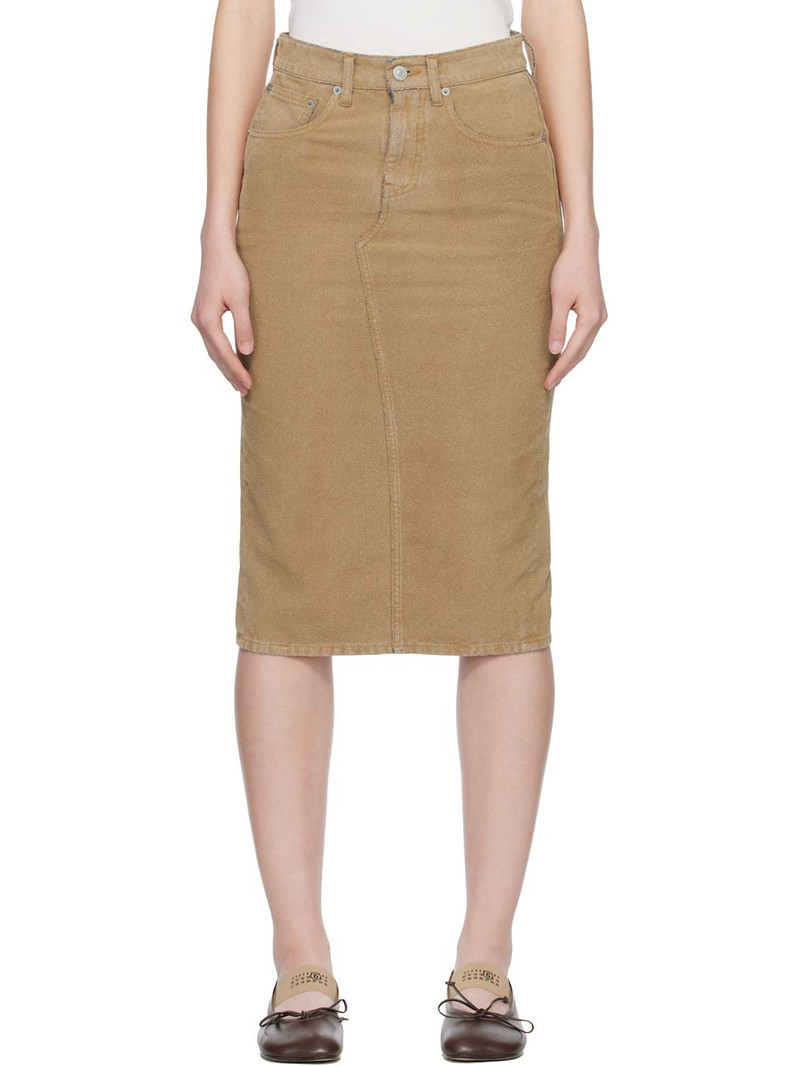 Beige Coated Denim Midi Skirt 1