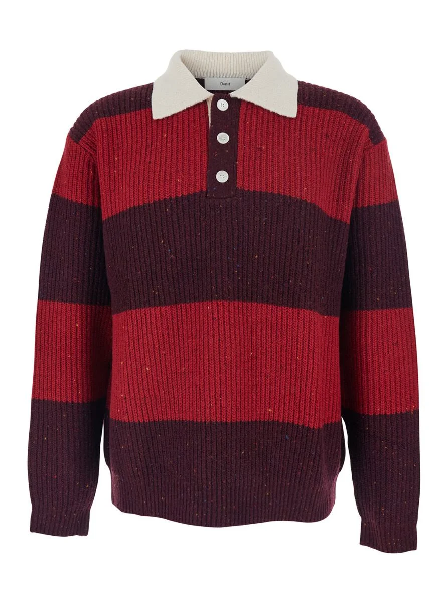 Dunst Red Polo Shirt With Ribbed Design And Striped Motif In Wool Man - 1
