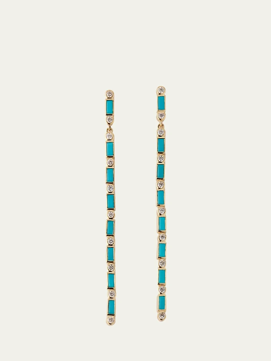 14K Turquoise Baguette and Round Diamond Drop Earrings - 1