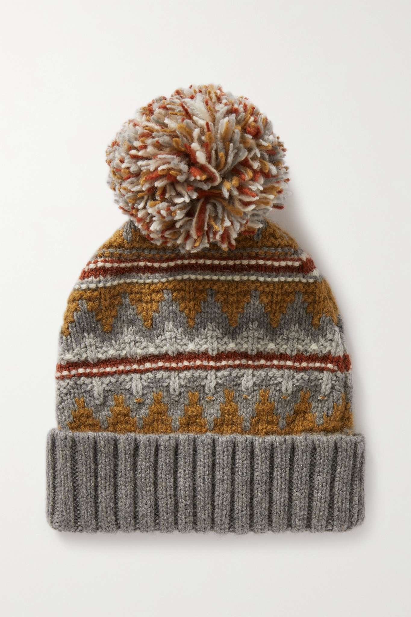 Pompom-embellished argyle cashmere beanie - 1