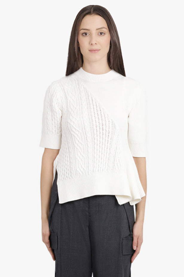 3/4 SLEEVE CHAIN KNIT WITH ASYMMETRIC HEM DETAIL | OFF WHITE - 3