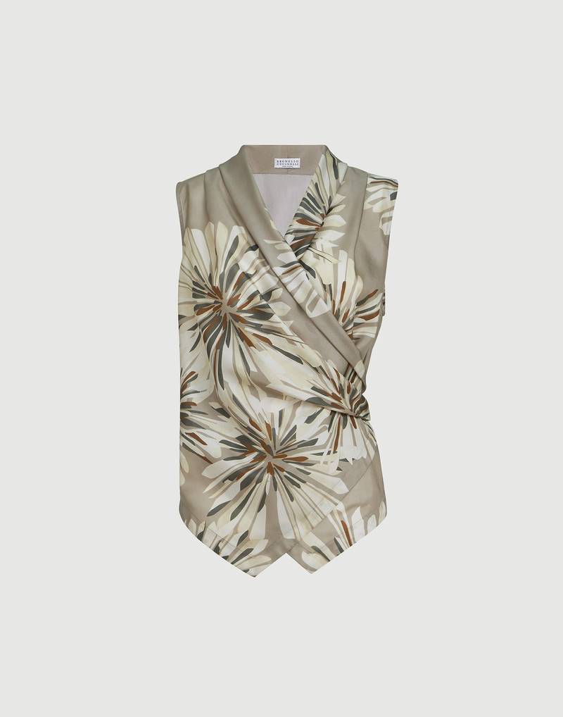 Silk bloom print pongee vest with monili 1