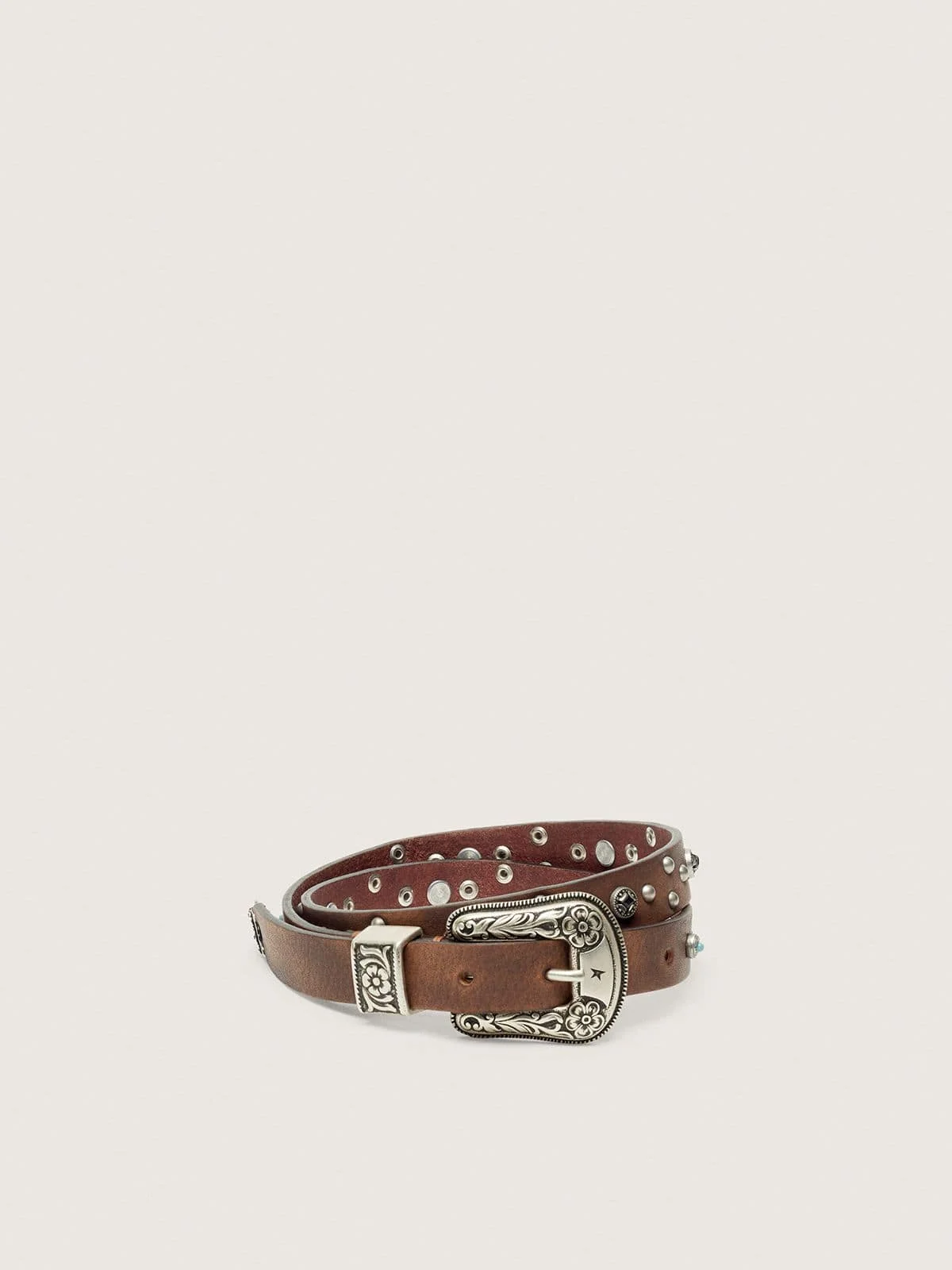 Lace belt in tan washed leather with studs and metal inlays - 1