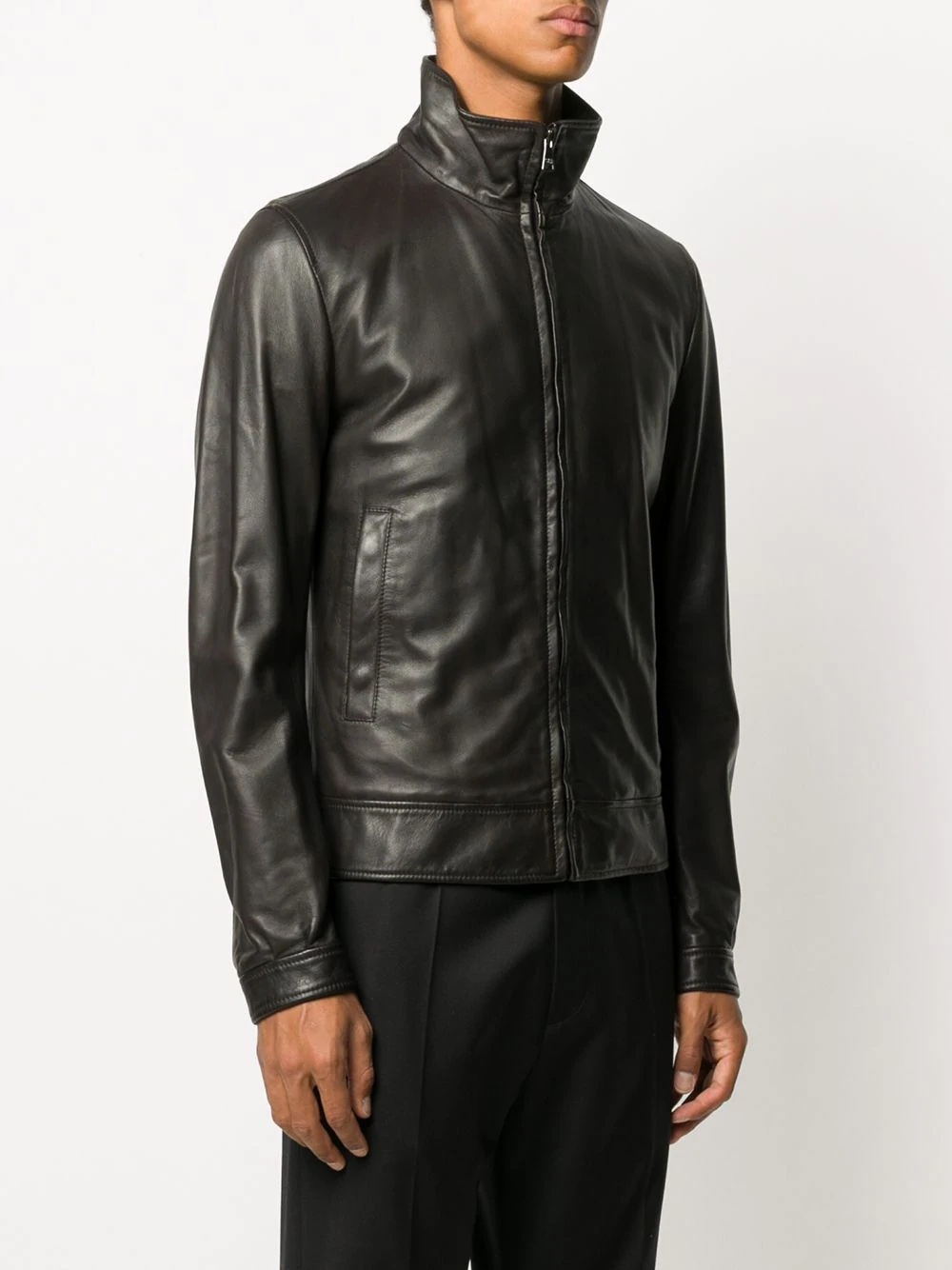 fitted zipped leather jacket - 3