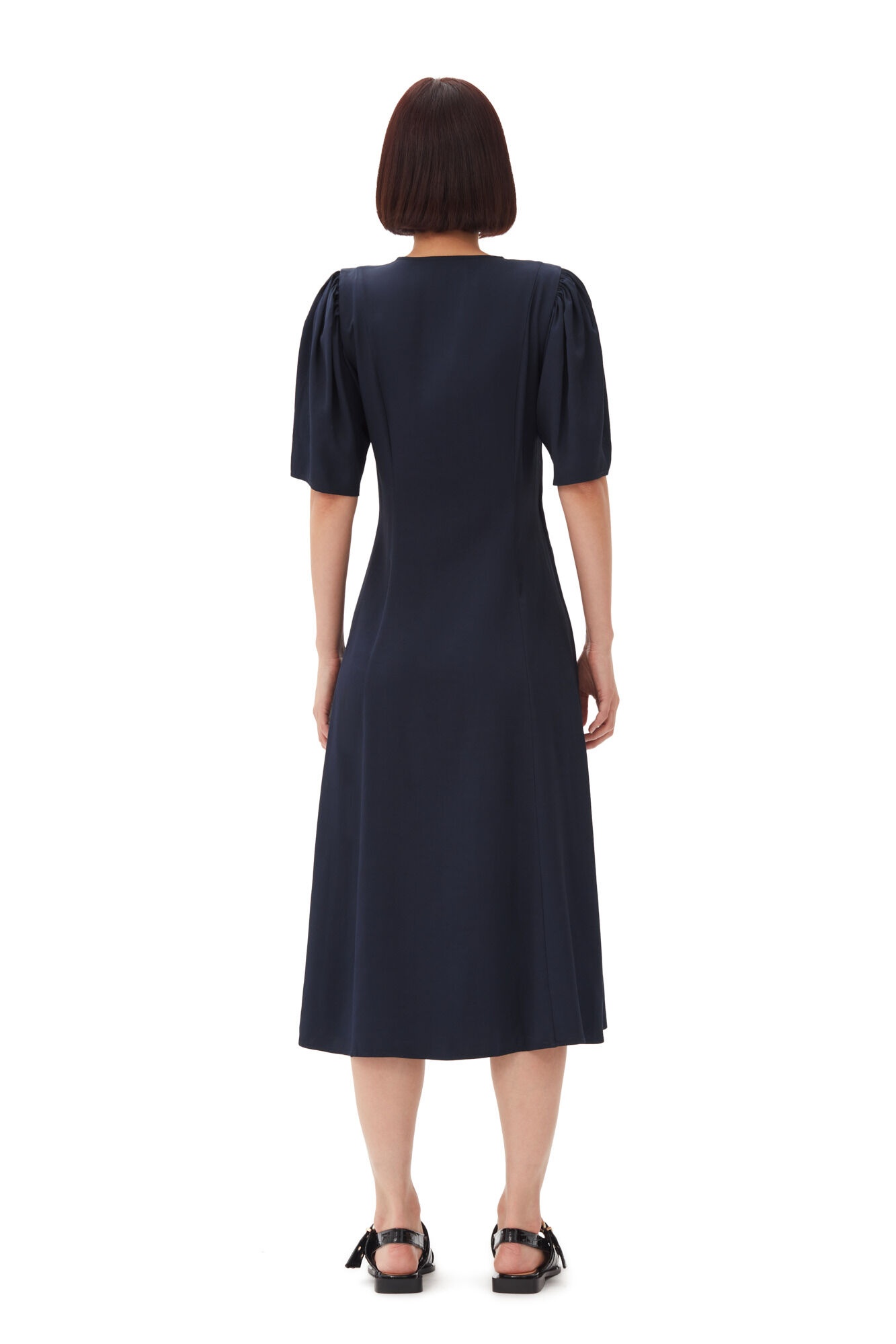 NAVY BLUE VISCOSE TWILL WRAP MIDI DRESS - 5