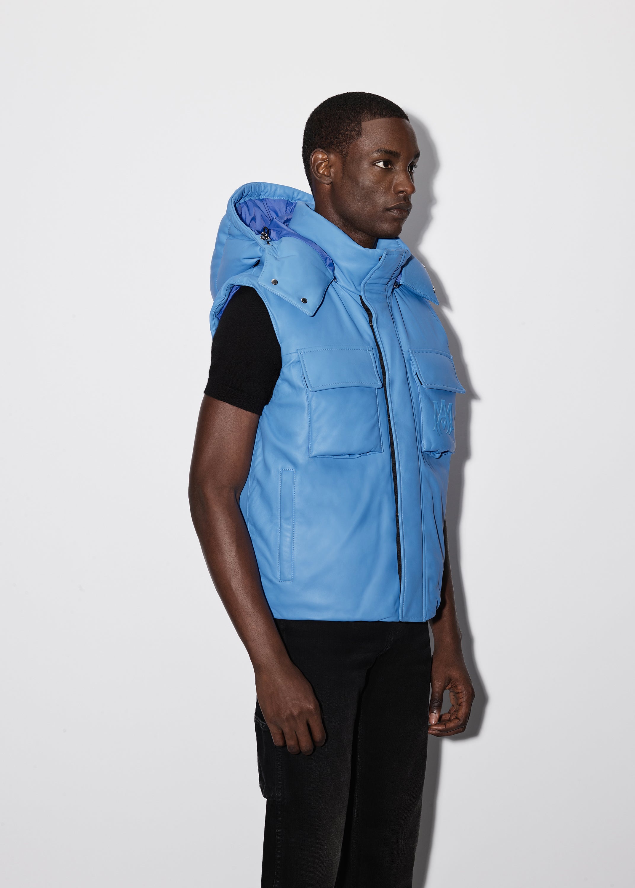 HOODED LEATHER DOWN GILET - 4